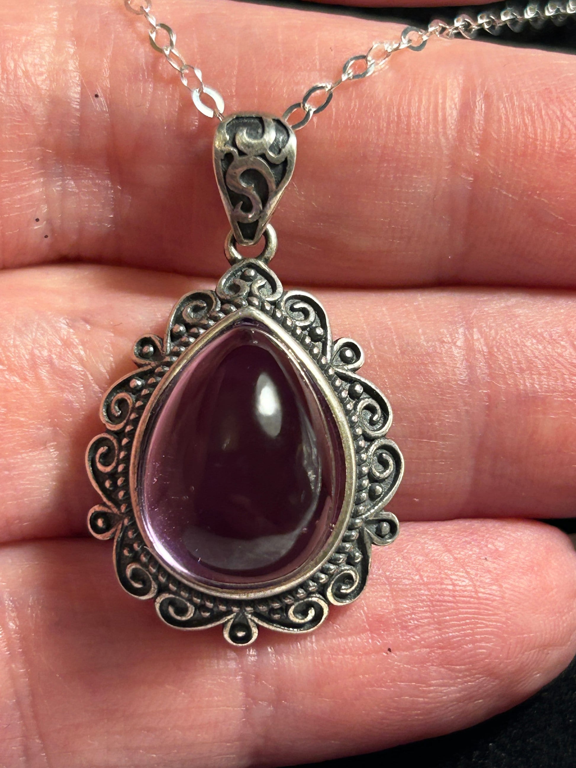 Amethyst Teardrop Pendant in 925 Sterling Silver - Ornate Gothic Jewellery Celtic Dragon Jewellery