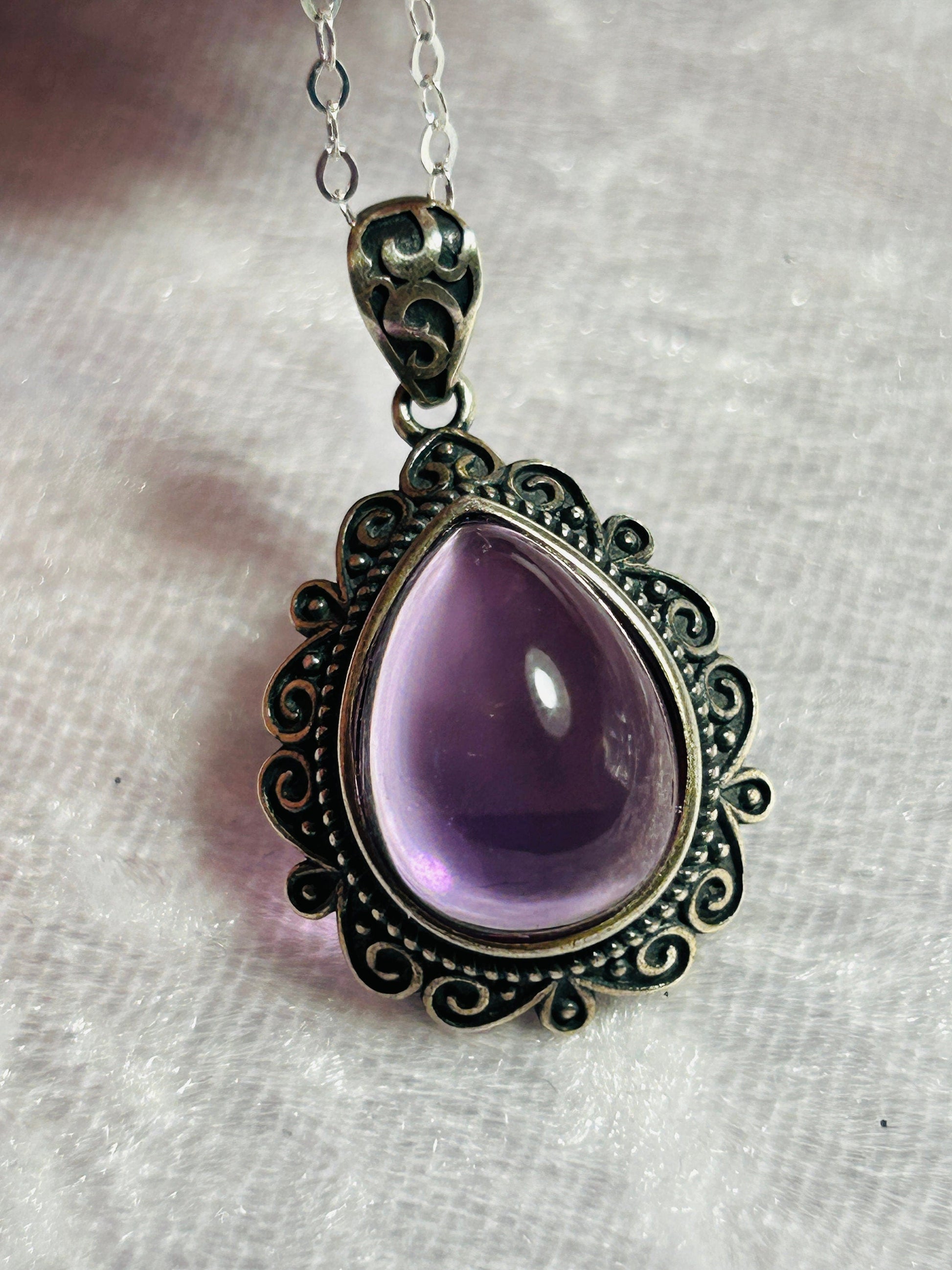 Amethyst Teardrop Pendant in 925 Sterling Silver - Ornate Gothic Jewellery Celtic Dragon Jewellery