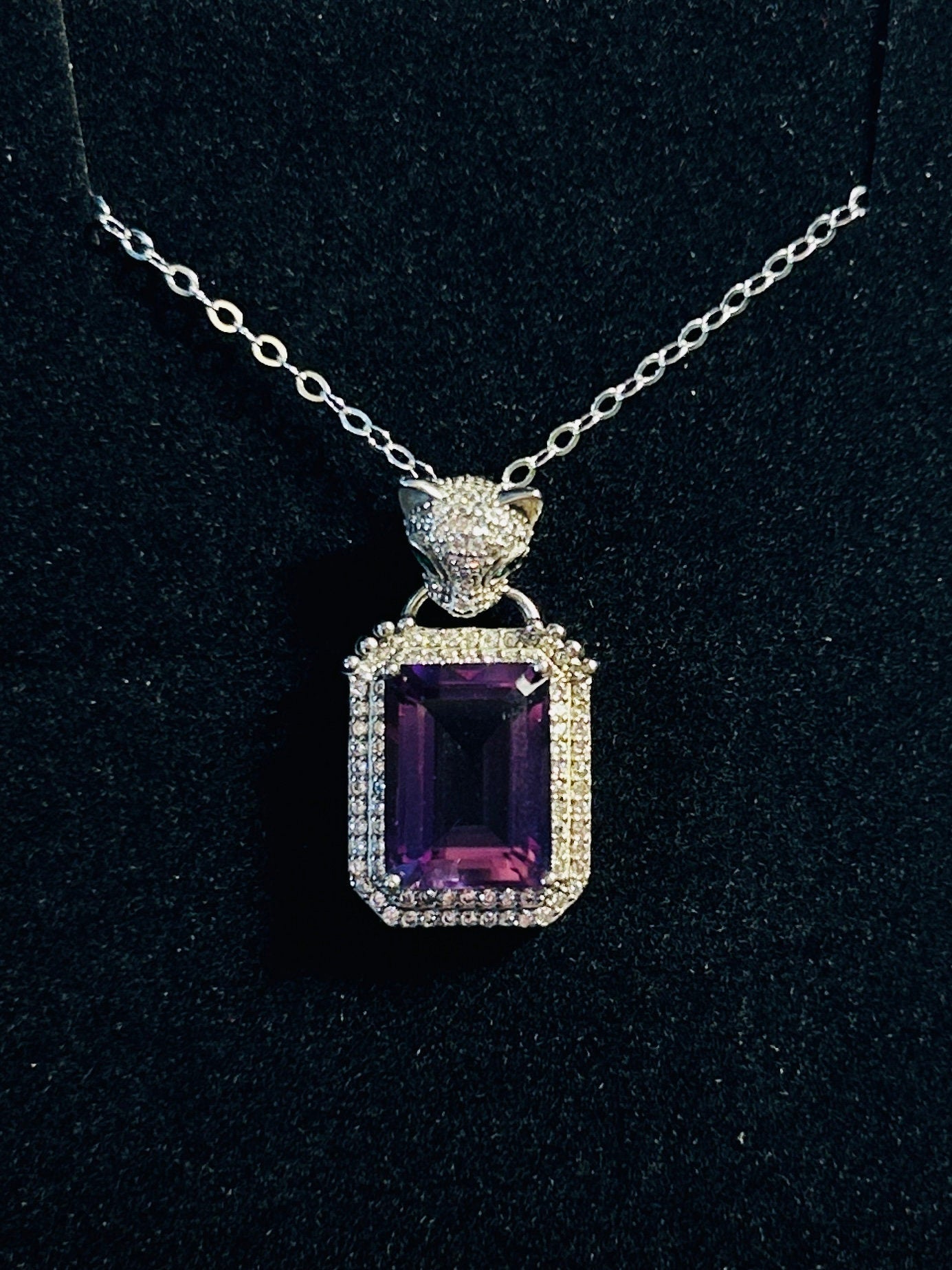 Leopard Pendant with Emerald Cut Amethyst & CZ Accents in 925 Sterling Silver Celtic Dragon Jewellery