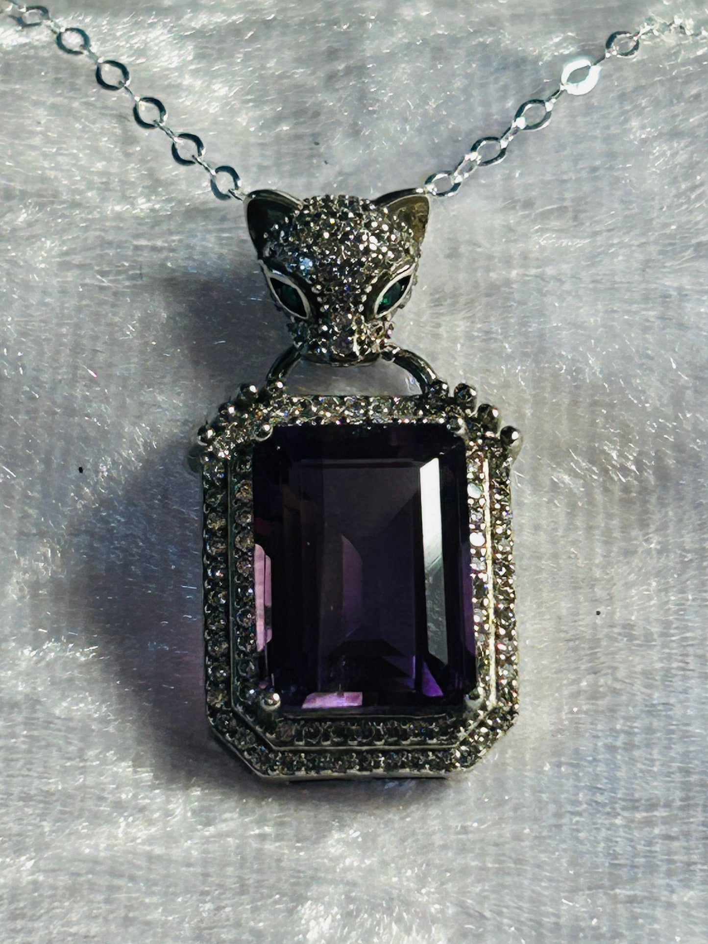 Leopard Pendant with Emerald Cut Amethyst & CZ Accents in 925 Sterling Silver Celtic Dragon Jewellery