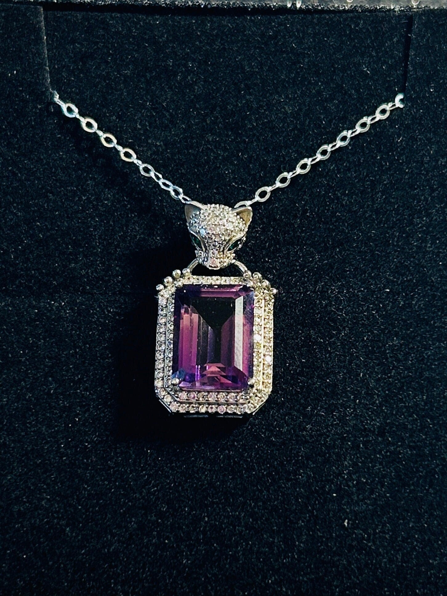 Leopard Pendant with Emerald Cut Amethyst & CZ Accents in 925 Sterling Silver Celtic Dragon Jewellery