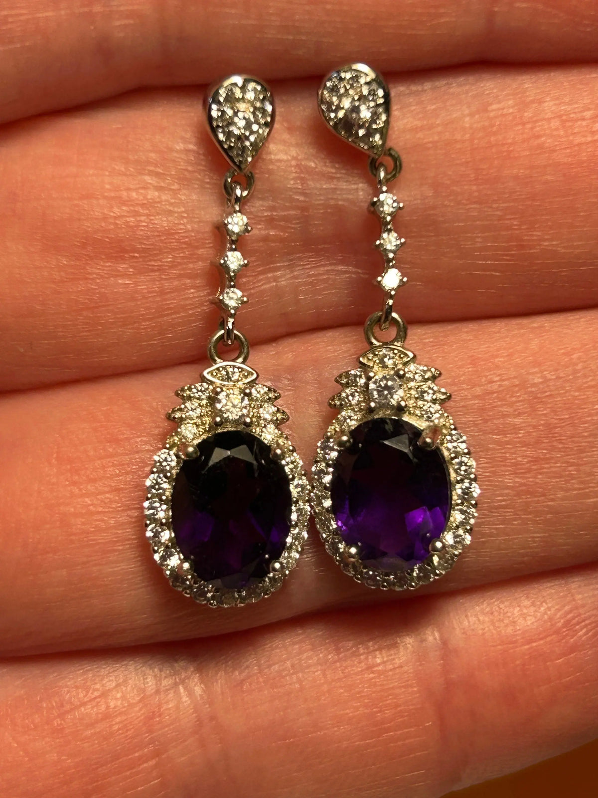 Amethyst Halo Drop Earrings - Oval Cut 925 Sterling Silver CZ Jewellery Celtic Dragon Jewellery
