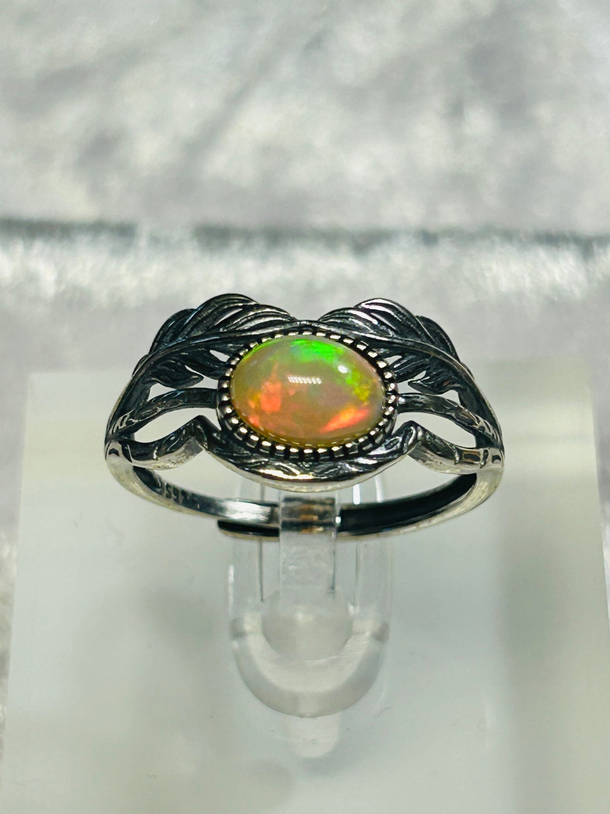 Orange Opal Ring with Leaf Design in 925 Sterling Silver & Adjustable Band