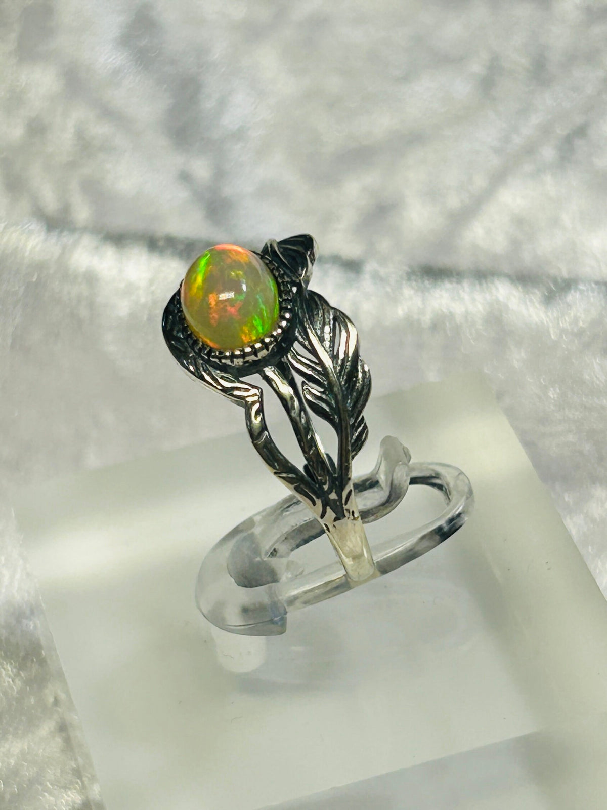 Orange Opal Ring with Leaf Design in 925 Sterling Silver & Adjustable Band