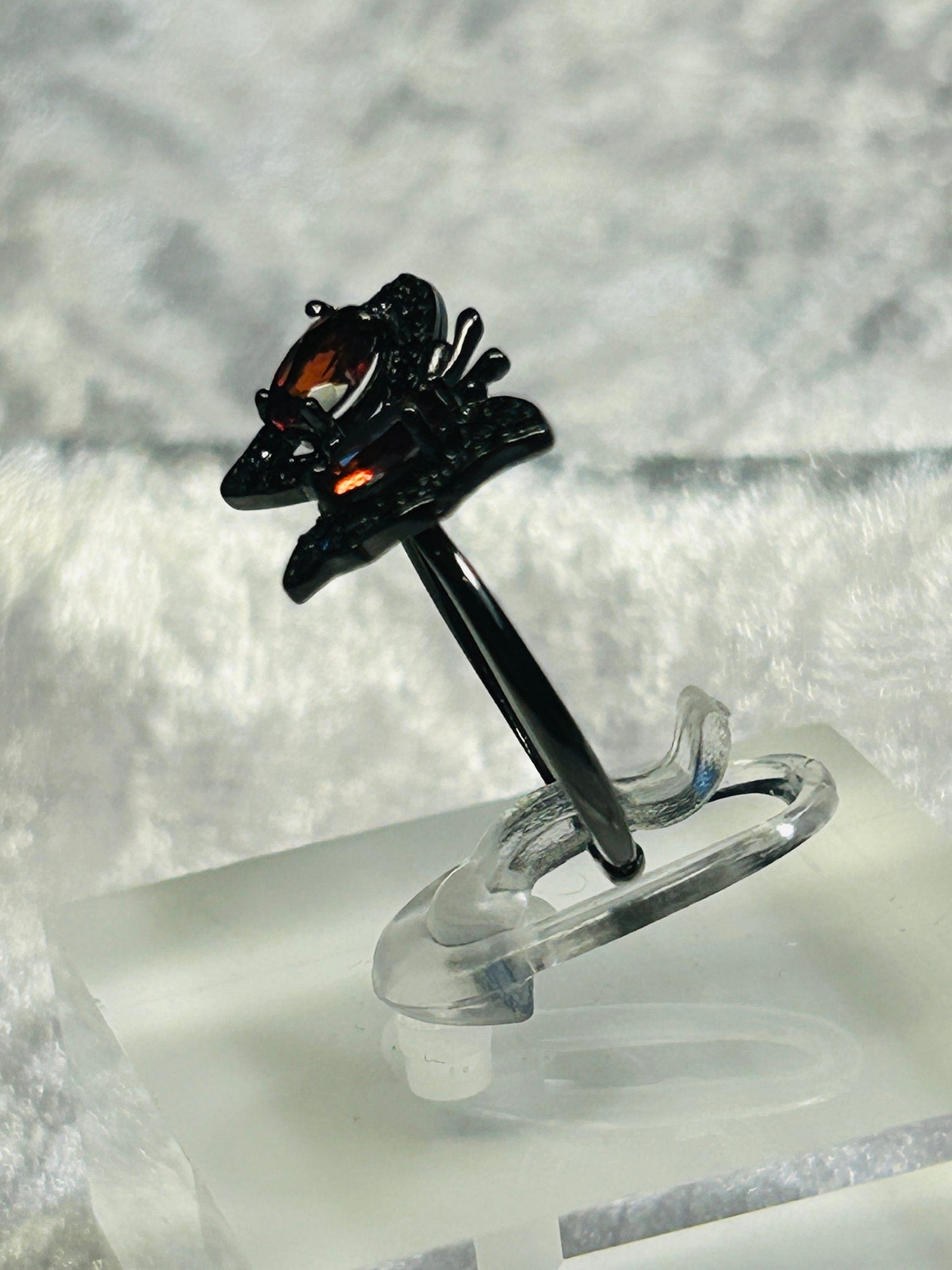Butterfly Ring with Garnet in Black Ruthenium Sterling Silver & Adjustable Band Celtic Dragon Jewellery