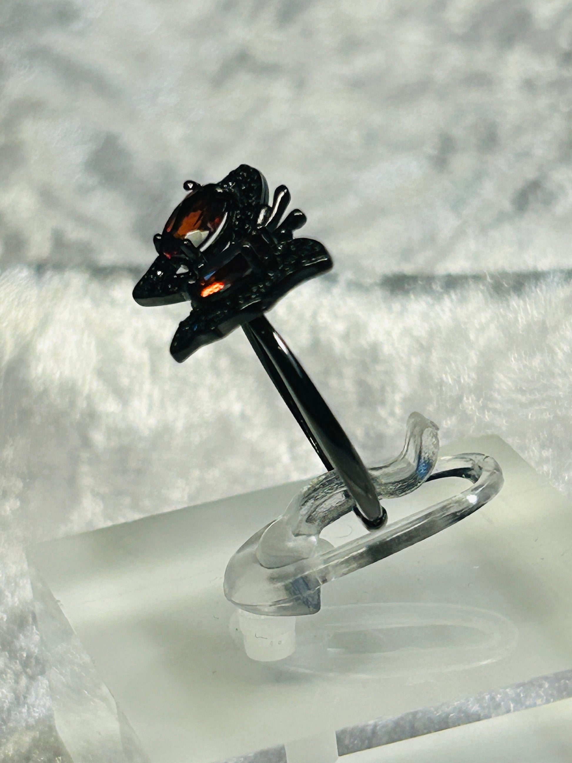 Butterfly Ring with Garnet in Black Ruthenium Sterling Silver & Adjustable Band Celtic Dragon Jewellery