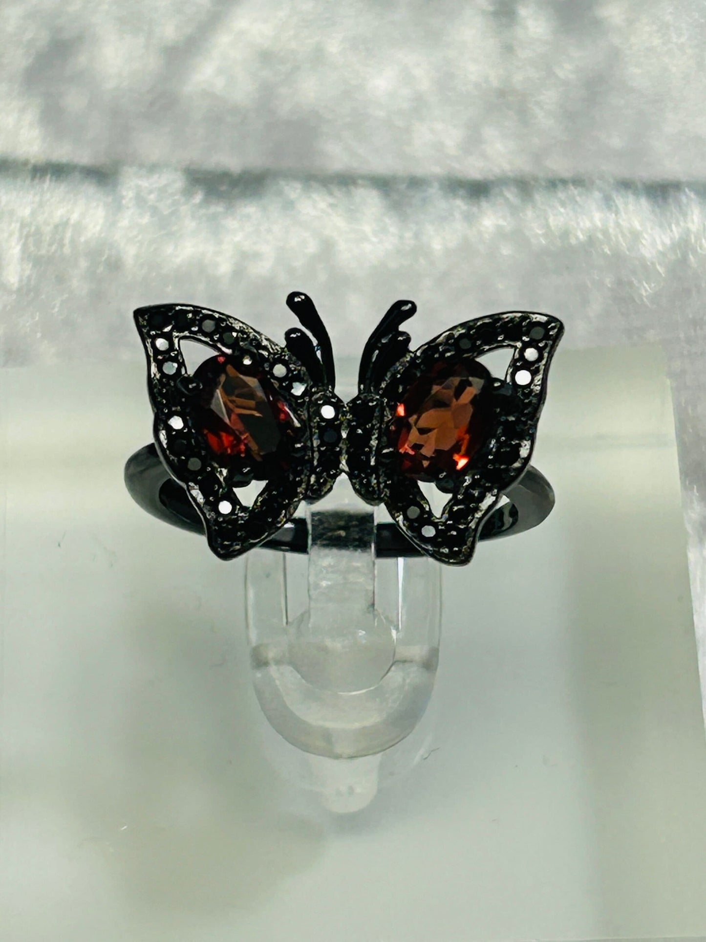 Butterfly Ring with Garnet in Black Ruthenium Sterling Silver & Adjustable Band Celtic Dragon Jewellery