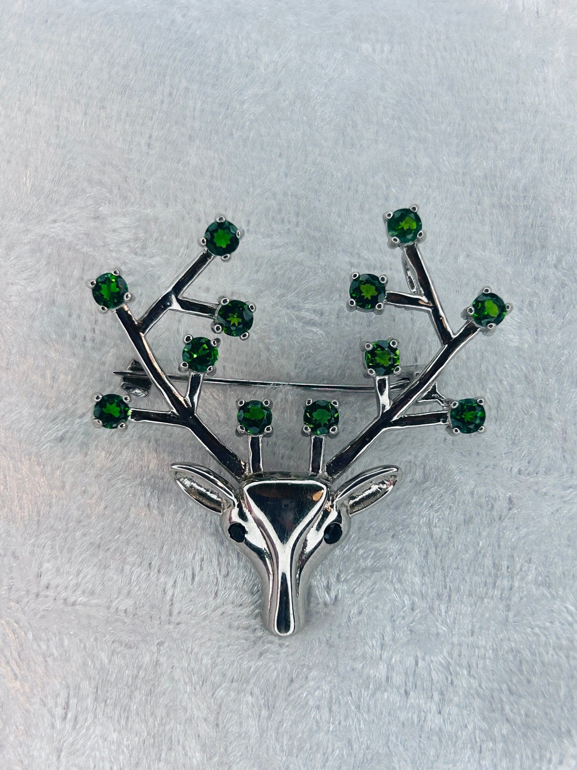 Stag Brooch with Diopside in 925 Sterling Silver Celtic Dragon Jewellery