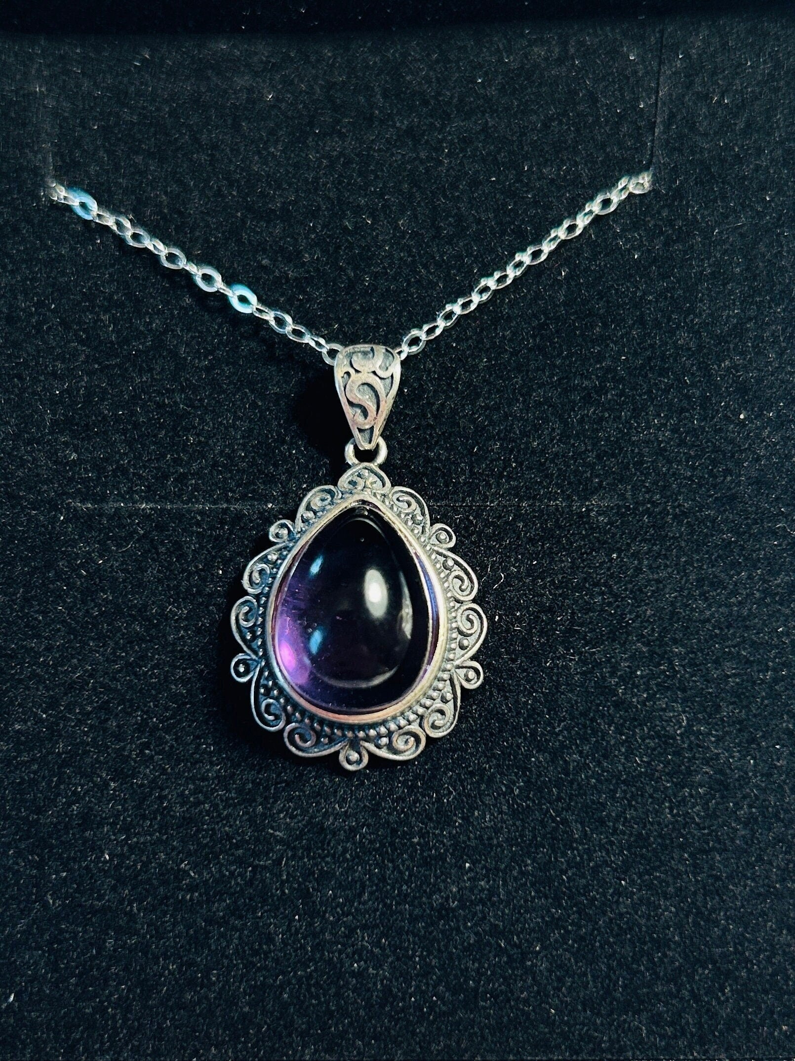 Amethyst Teardrop Pendant in 925 Sterling Silver - Ornate Gothic Jewellery Celtic Dragon Jewellery