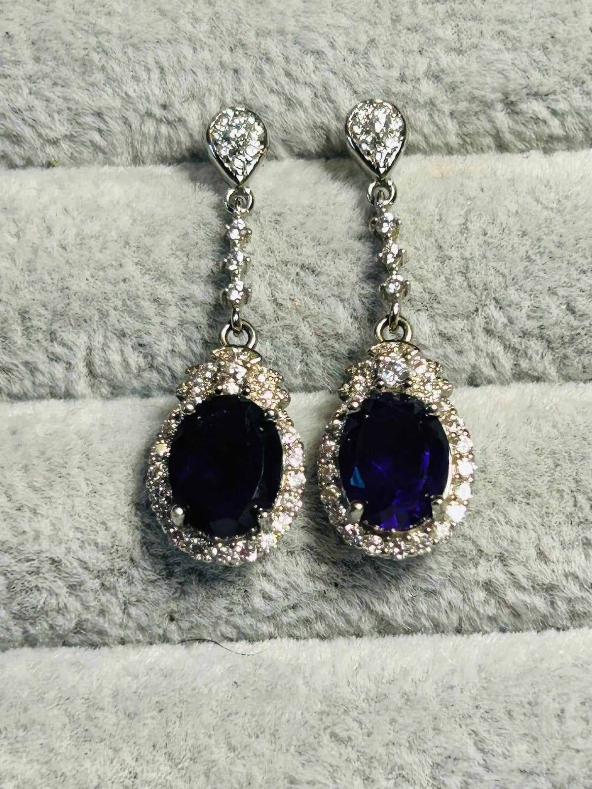 Amethyst Halo Drop Earrings - Oval Cut 925 Sterling Silver CZ Jewellery Celtic Dragon Jewellery