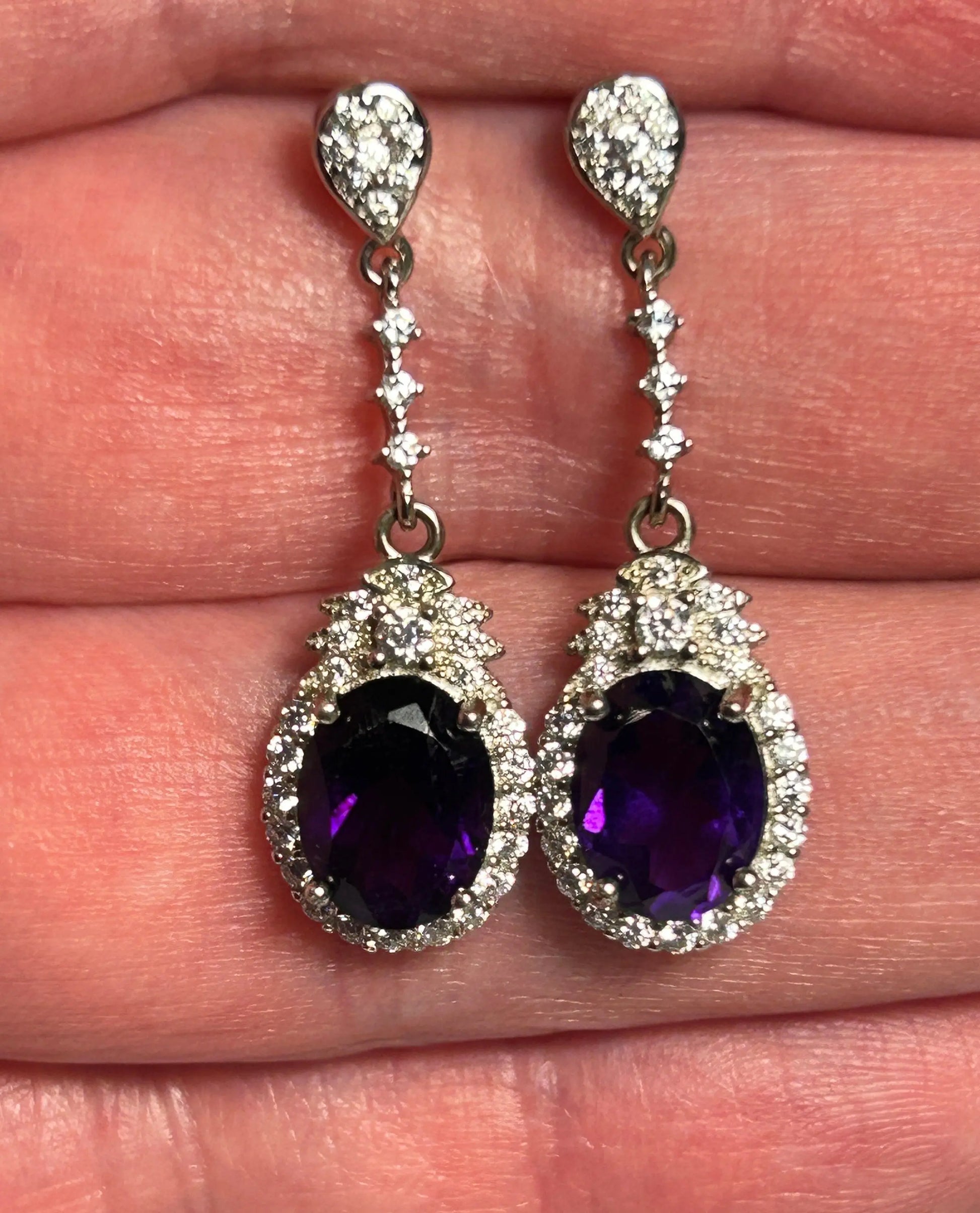 Amethyst Halo Drop Earrings - Oval Cut 925 Sterling Silver CZ Jewellery Celtic Dragon Jewellery