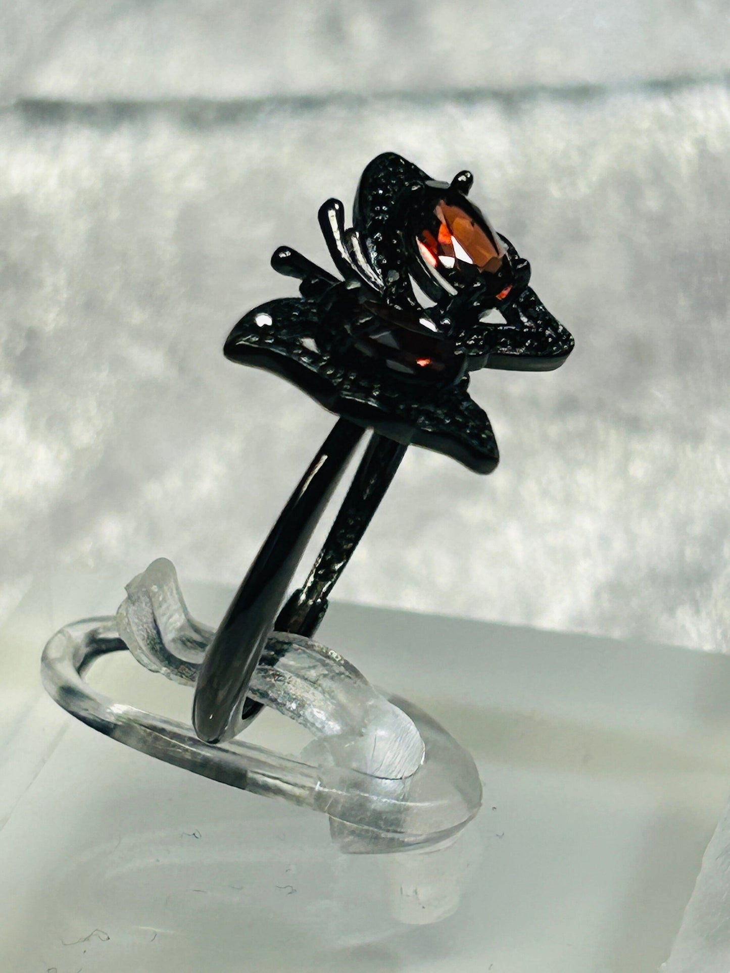 Butterfly Ring with Garnet in Black Ruthenium Sterling Silver & Adjustable Band Celtic Dragon Jewellery