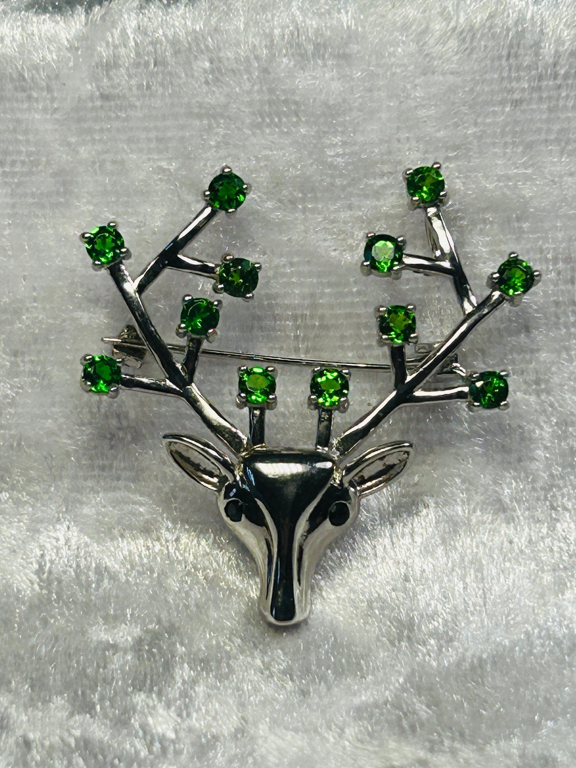 Stag Brooch with Diopside in 925 Sterling Silver Celtic Dragon Jewellery