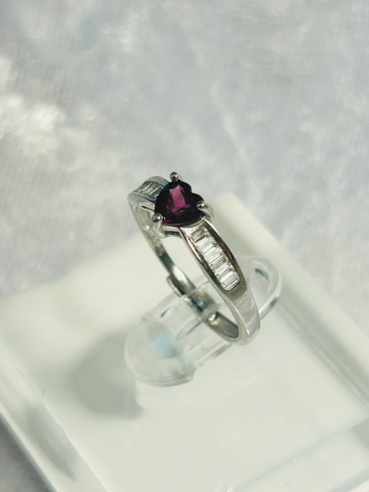 Garnet Heart Ring with Baguette CZ in 925 Sterling Silver - Adjustable Dark Romance Jewellery