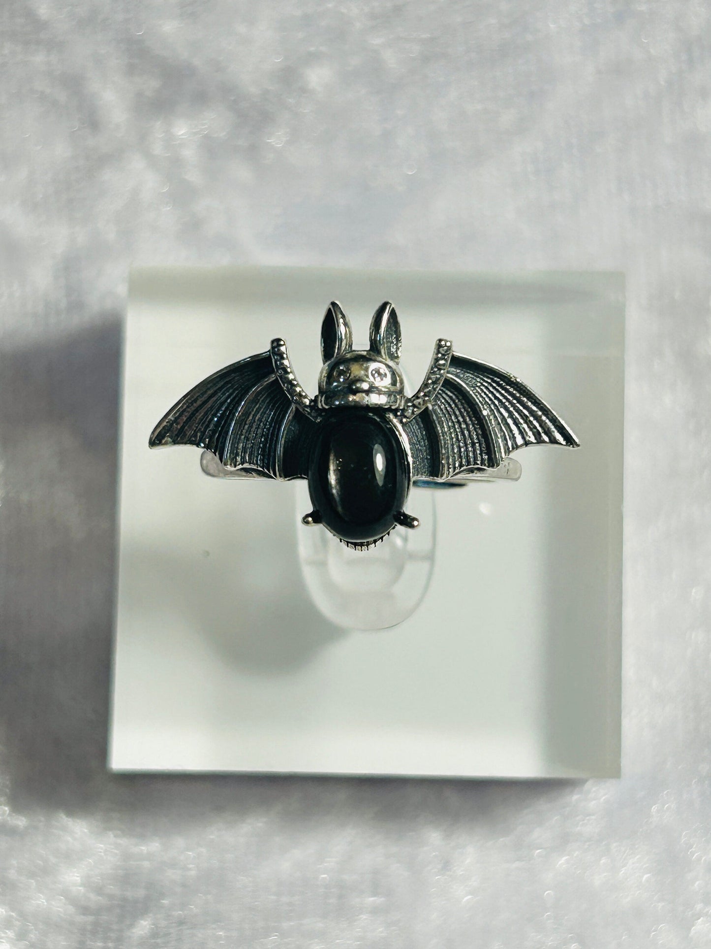 Bat Ring with Hypersthene in 925 Sterling Silver - Adjustable Gothic Vampire Jewellery Celtic Dragon Jewellery