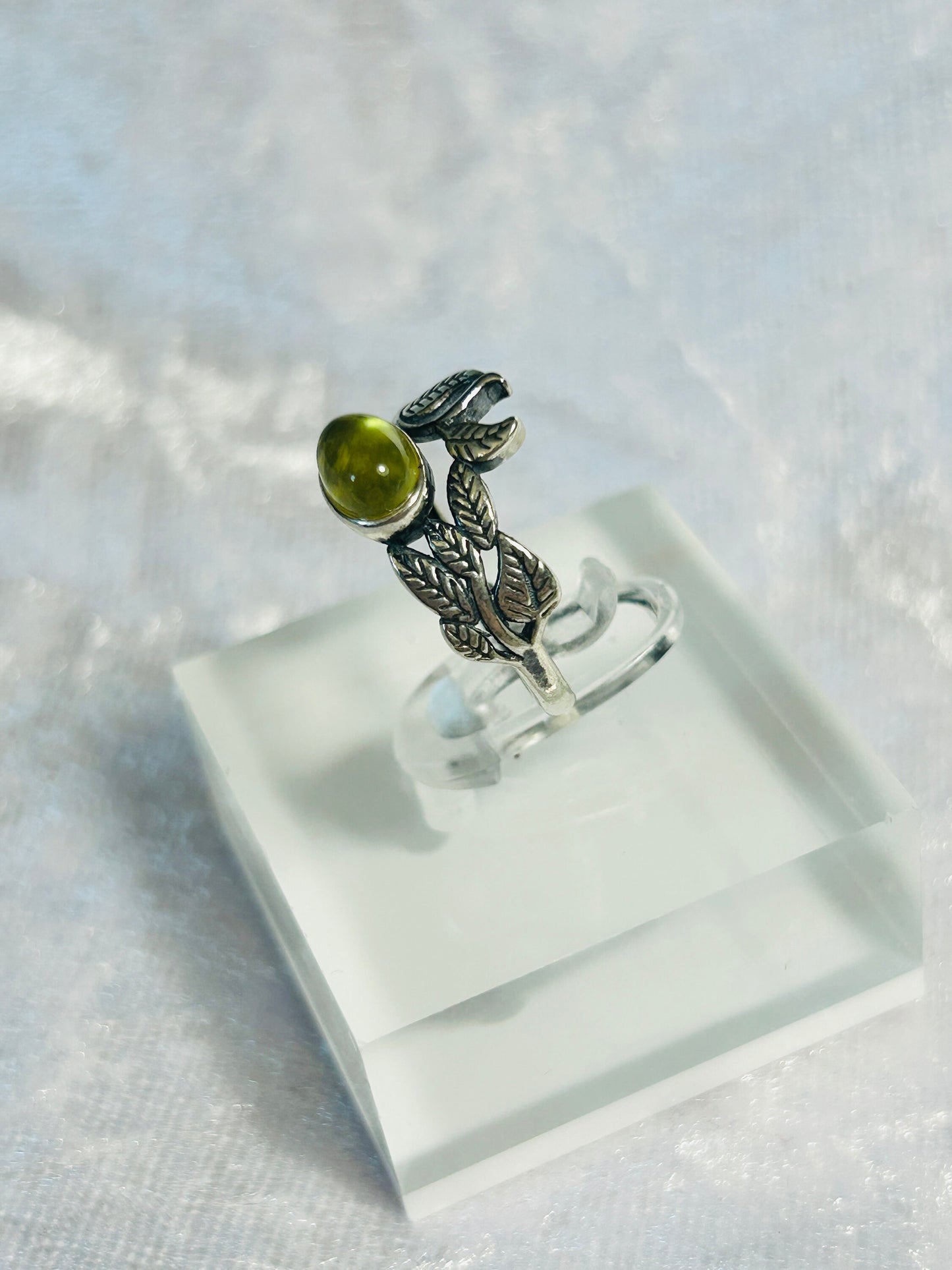 Vine Leaf Ring with Gold Prehnite in 925 Sterling Silver - Adjustable Forest Goth Jewellery