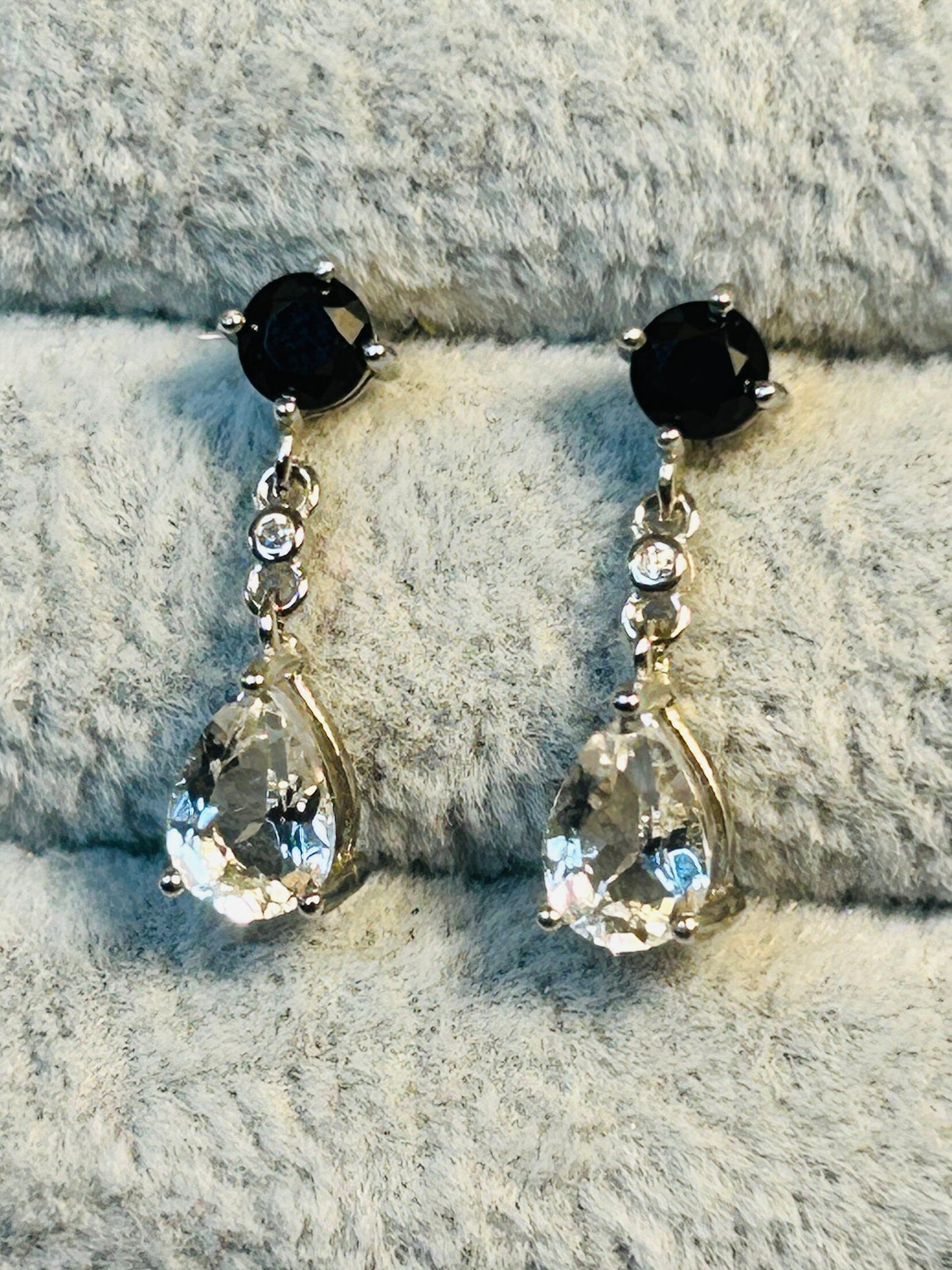 Clear Quartz & Black Spinel Dangle Earrings: 925 Sterling Silver Teardrop Jewellery Celtic Dragon Jewellery