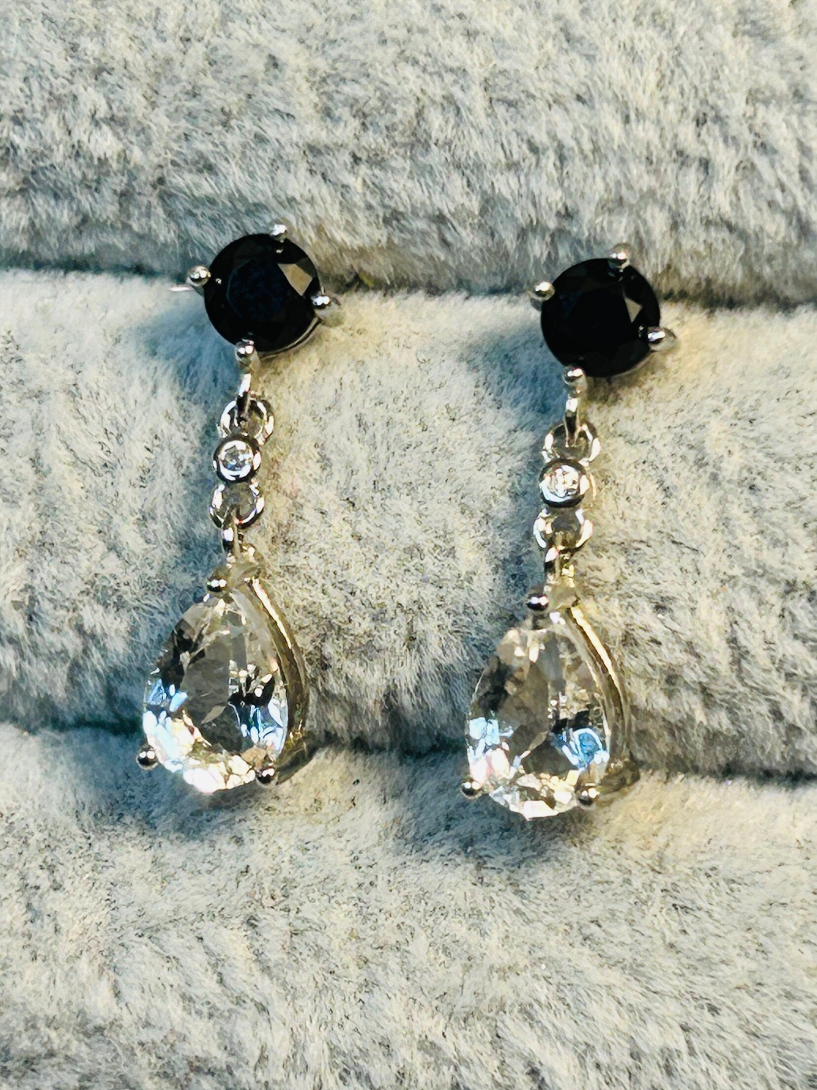 Clear Quartz & Black Spinel Dangle Earrings: 925 Sterling Silver Teardrop Jewellery Celtic Dragon Jewellery