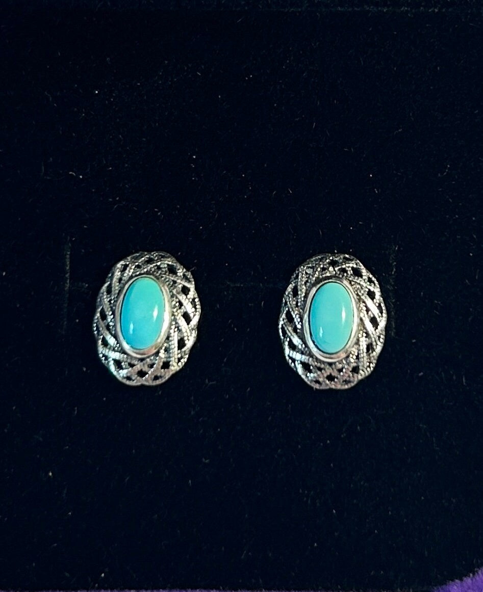 Turquoise Earrings with Celtic Design in 925 Sterling Silver - Oval Ear Studs Celtic Dragon Jewellery