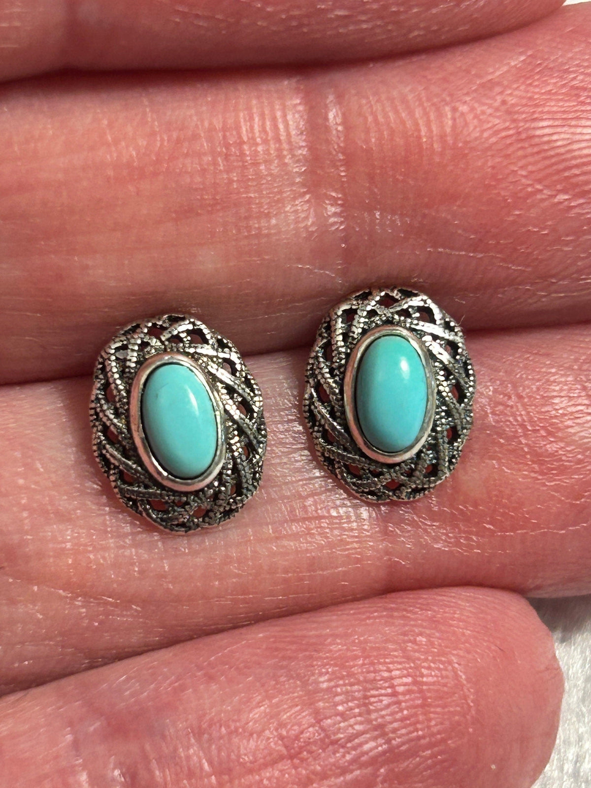 Turquoise Earrings with Celtic Design in 925 Sterling Silver - Oval Ear Studs Celtic Dragon Jewellery