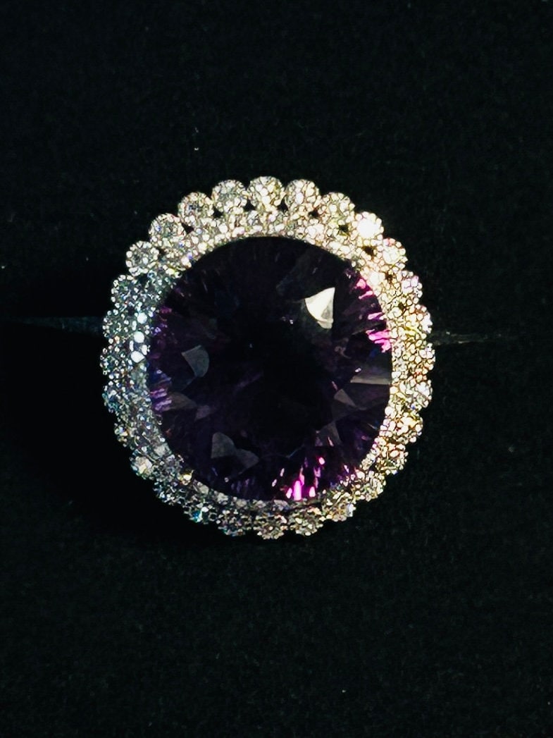 Amethyst Halo Ring with Double CZ Surround - 925 Sterling Silver - Adjustable Gothic Statement Jewellery Celtic Dragon Jewellery
