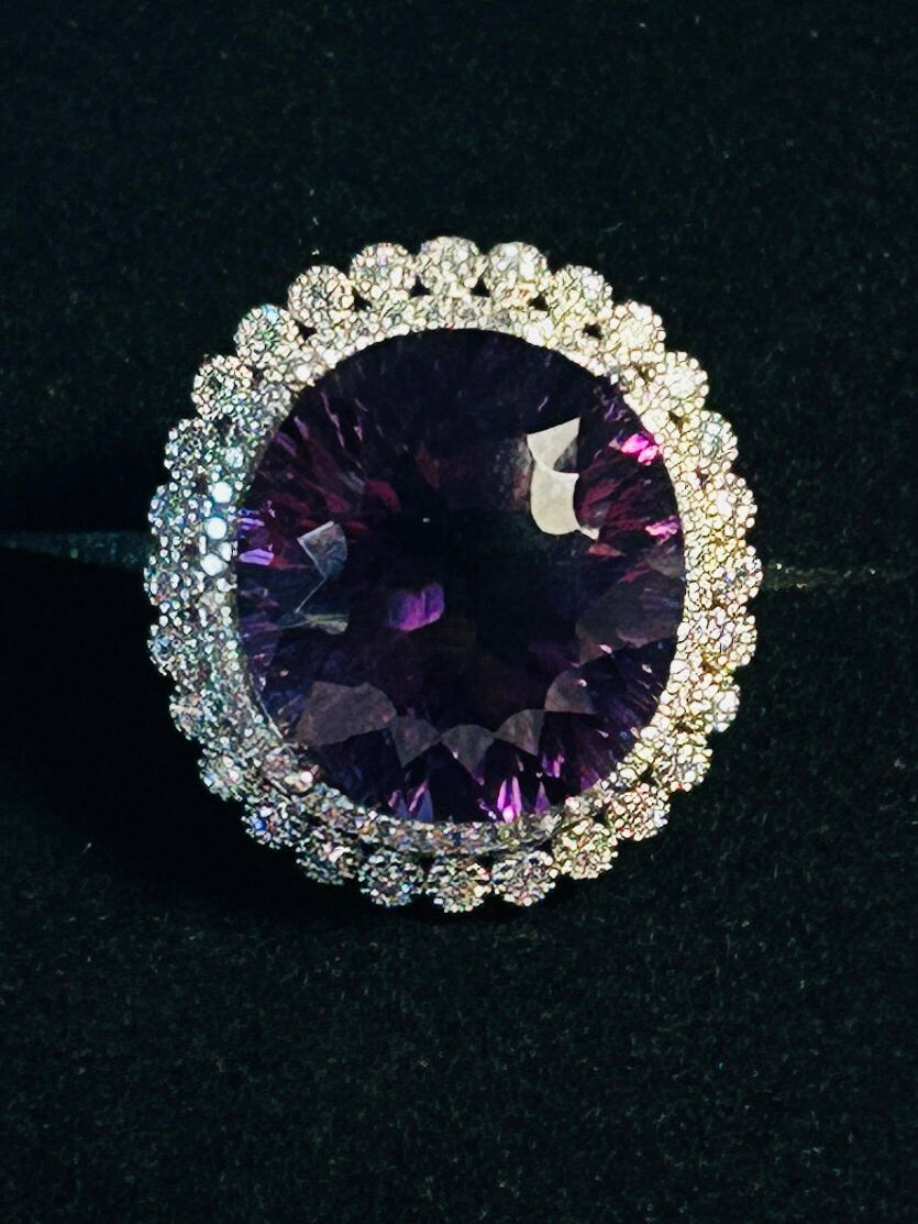 Amethyst Halo Ring with Double CZ Surround - 925 Sterling Silver - Adjustable Gothic Statement Jewellery Celtic Dragon Jewellery
