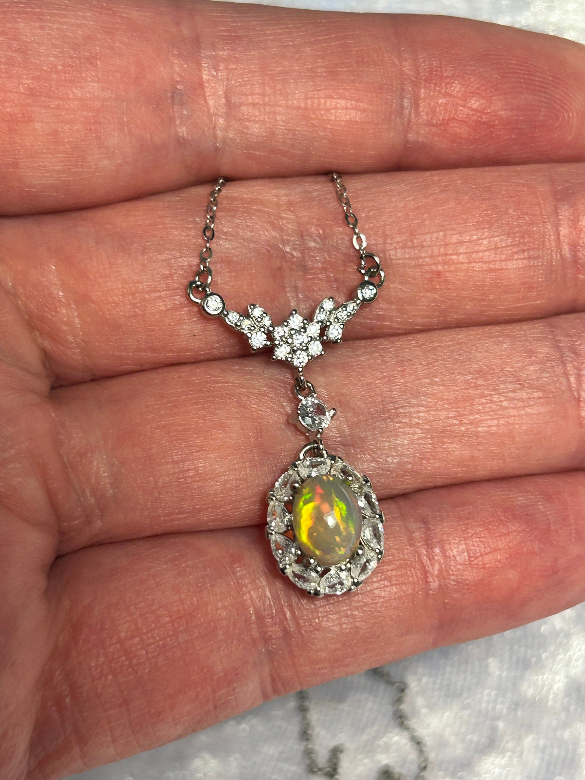 Opal & CZ Necklace in 925 Sterling Silver - Floral Design Celtic Dragon Jewellery