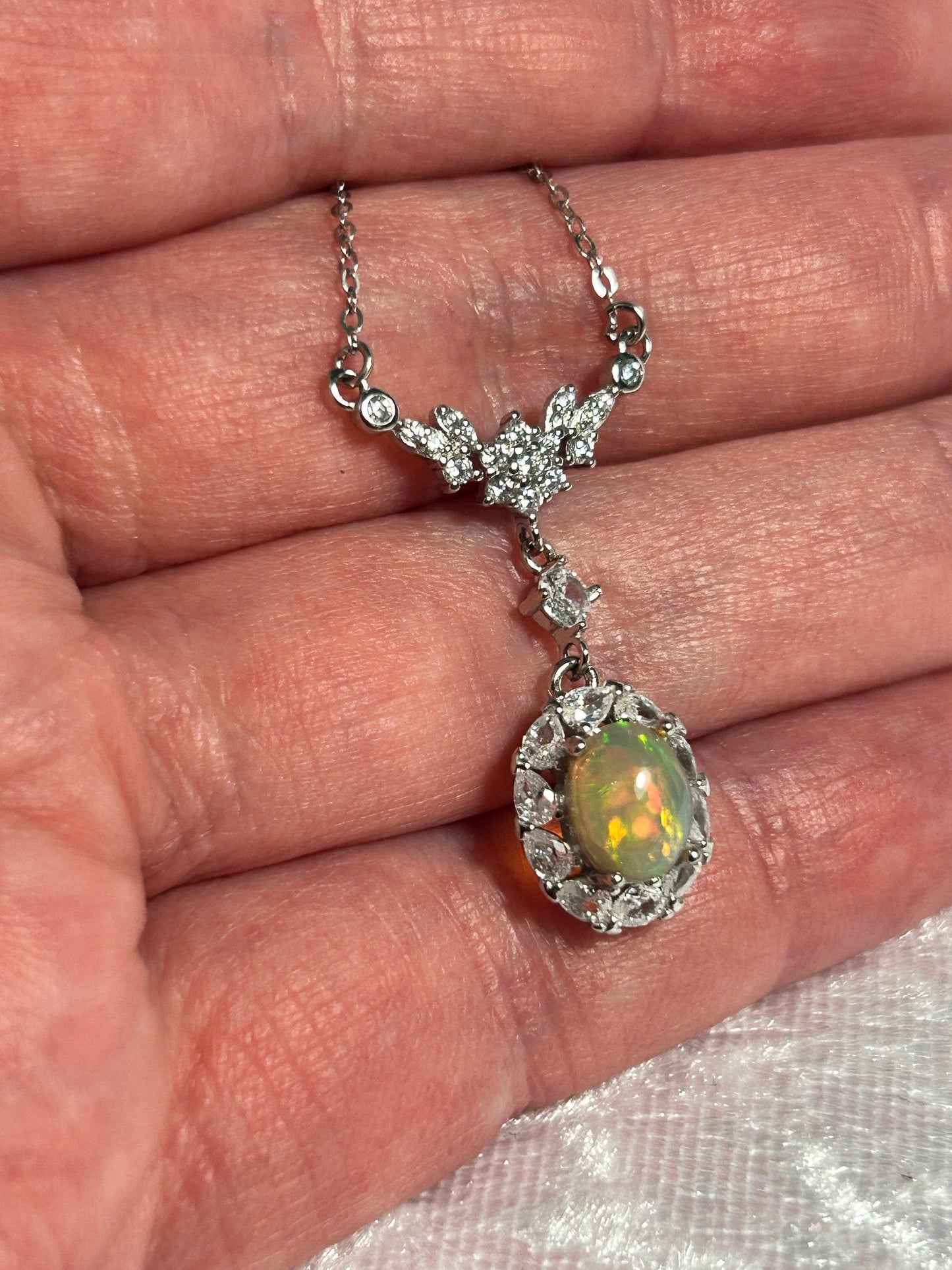 Opal & CZ Necklace in 925 Sterling Silver - Floral Design Celtic Dragon Jewellery