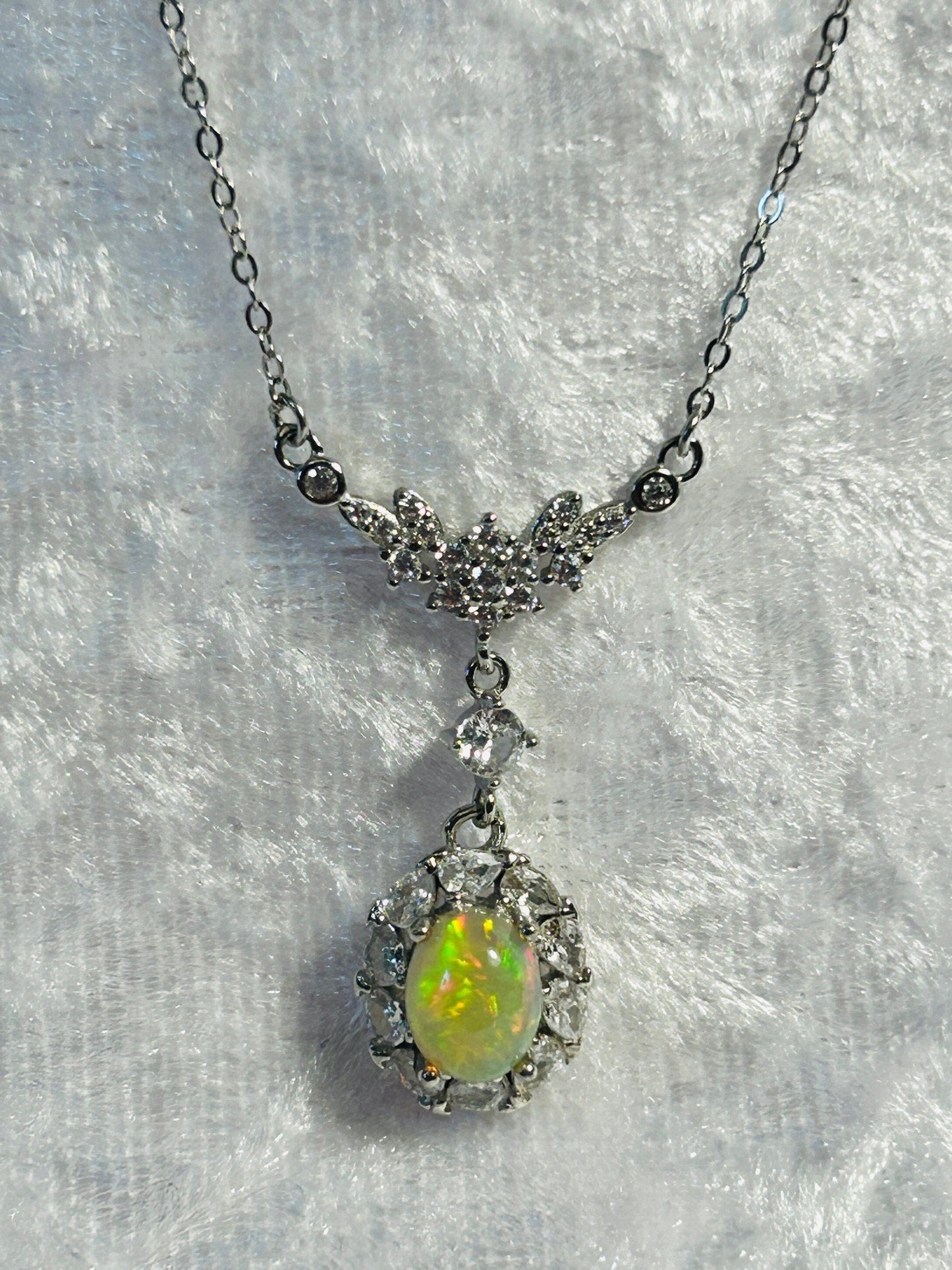 Opal & CZ Necklace in 925 Sterling Silver - Floral Design Celtic Dragon Jewellery