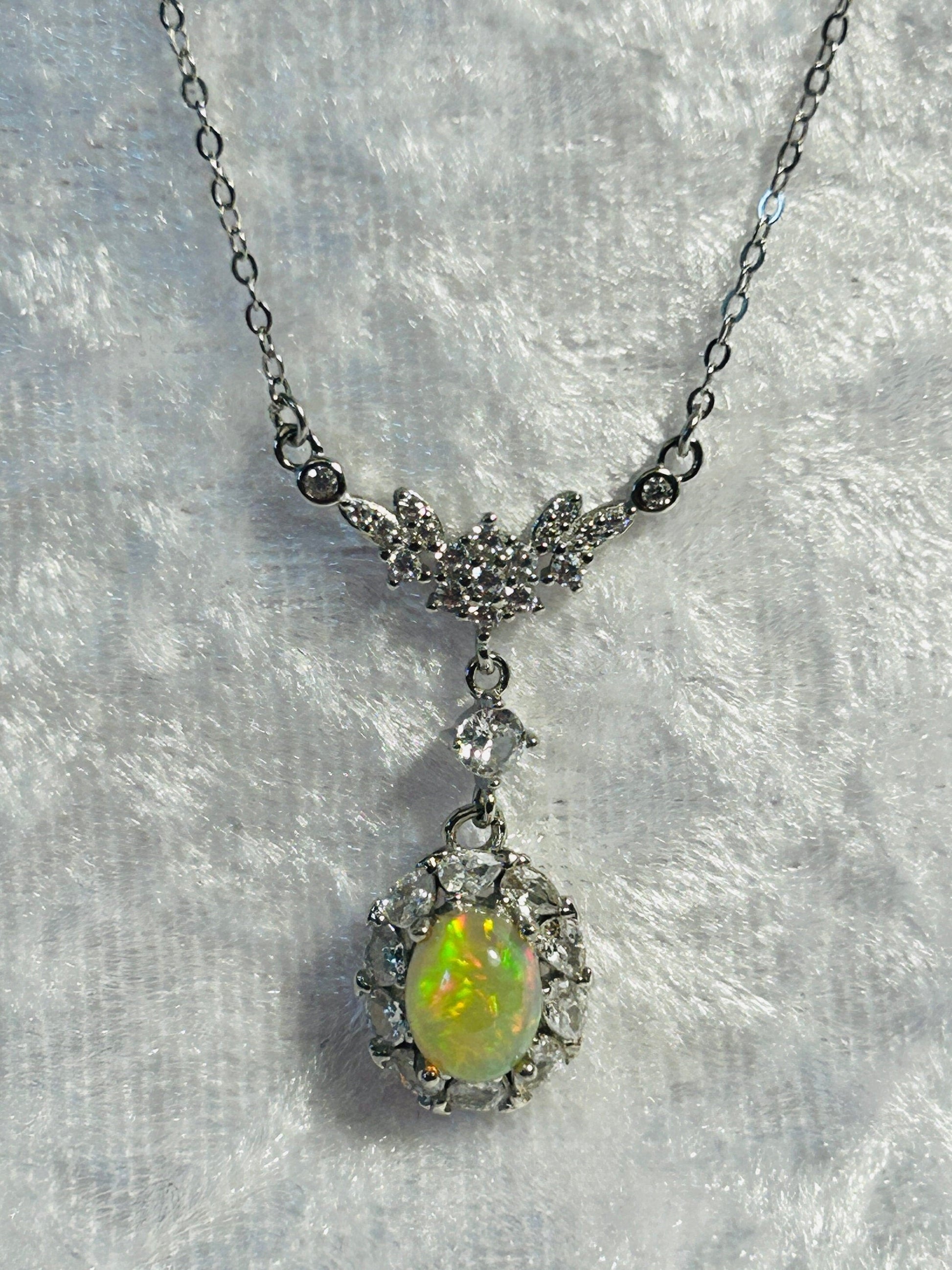 Opal & CZ Necklace in 925 Sterling Silver - Floral Design Celtic Dragon Jewellery