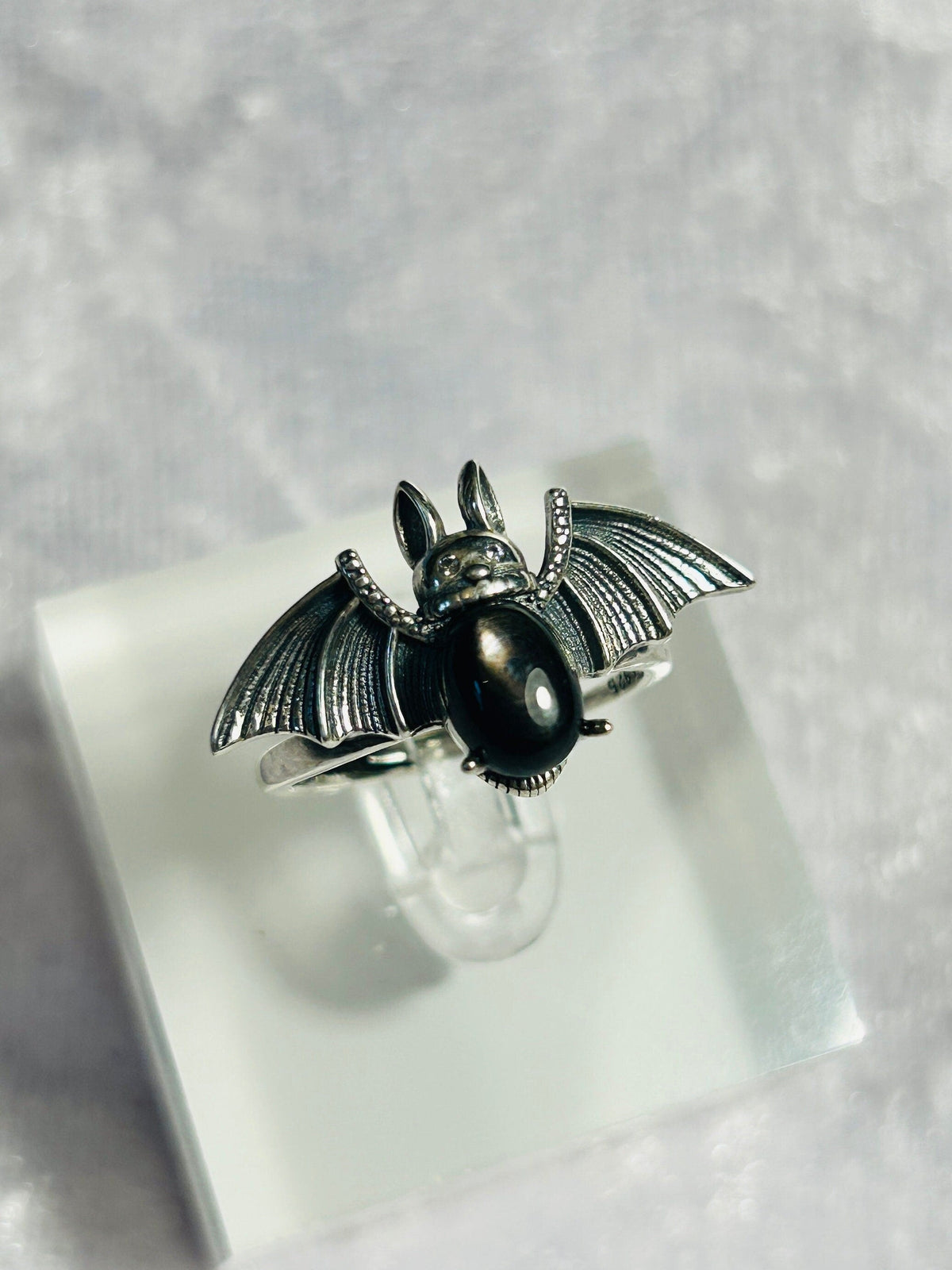 Bat Ring with Hypersthene in 925 Sterling Silver - Adjustable Gothic Vampire Jewellery Celtic Dragon Jewellery