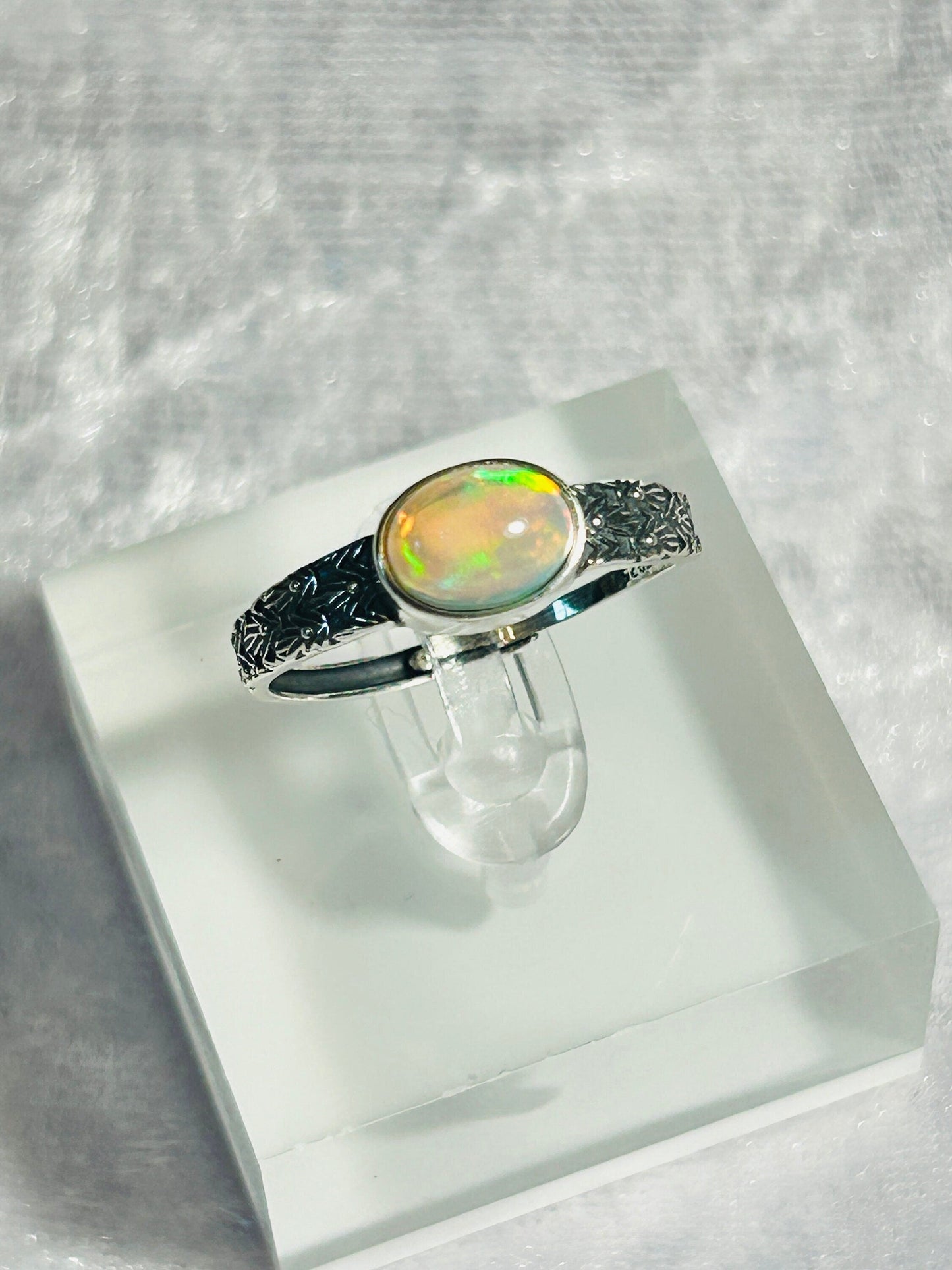 Fire Opal Ring in 925 Sterling Silver - Adjustable Antiqued Chevron Goth Jewellery Celtic Dragon Jewellery