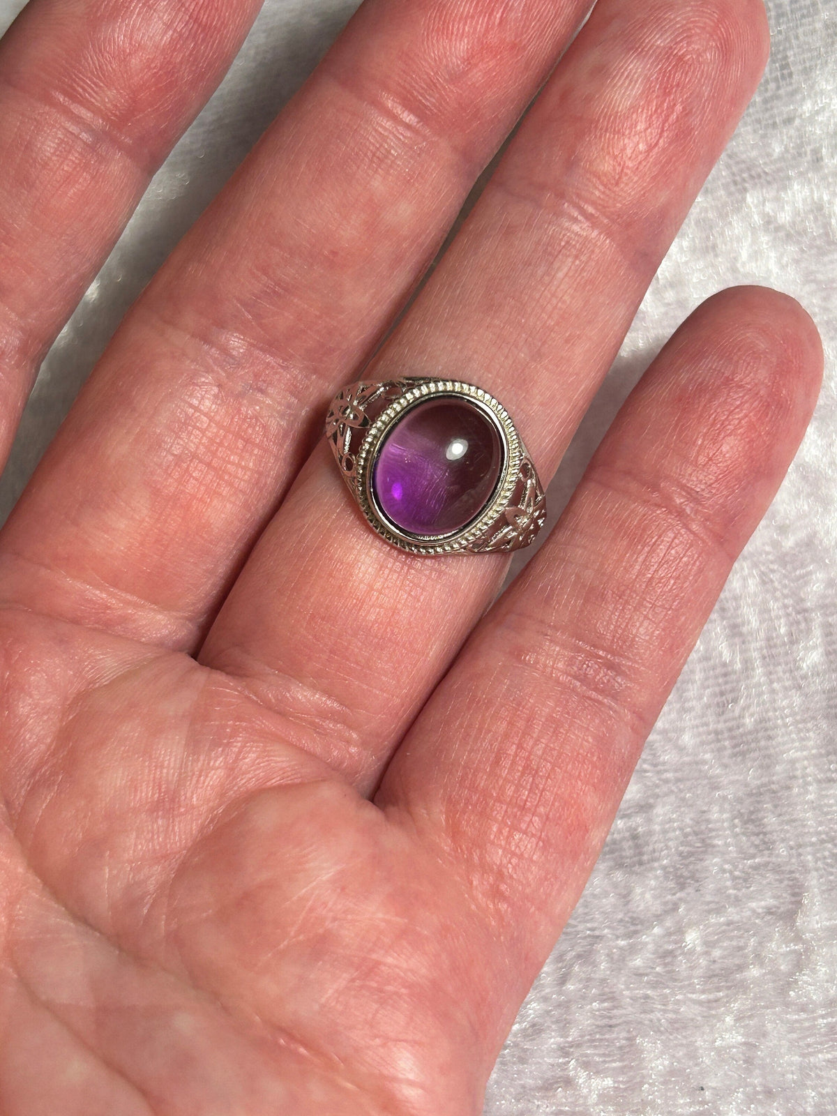 Amethyst Filigree Ring in 925 Sterling Silver - Adjustable Purple Cabochon Goth Jewellery Celtic Dragon Jewellery