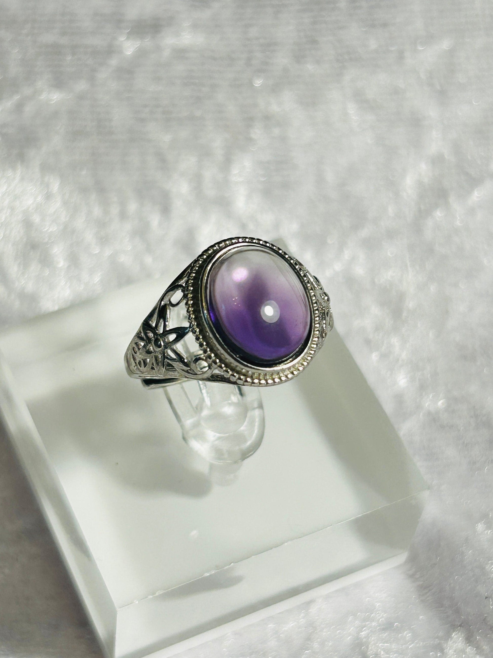 Amethyst Filigree Ring in 925 Sterling Silver - Adjustable Purple Cabochon Goth Jewellery Celtic Dragon Jewellery