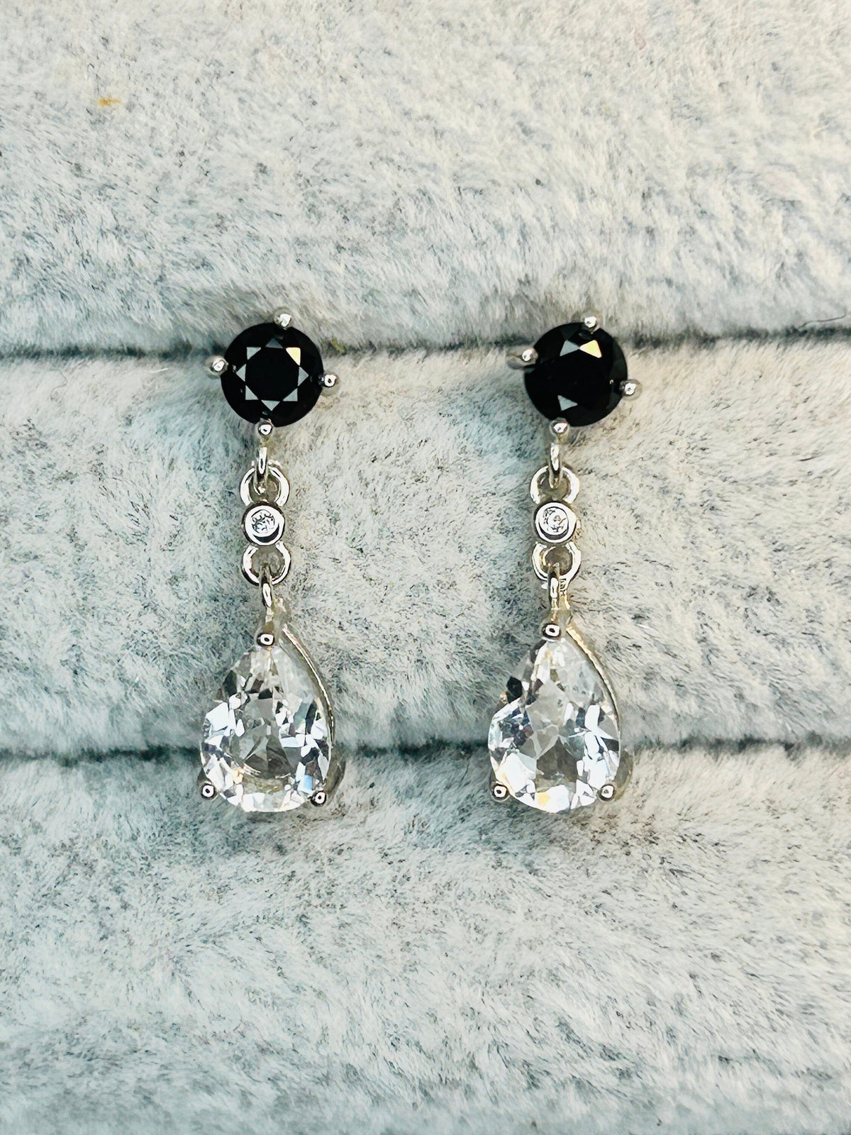 Clear Quartz & Black Spinel Dangle Earrings: 925 Sterling Silver Teardrop Jewellery Celtic Dragon Jewellery