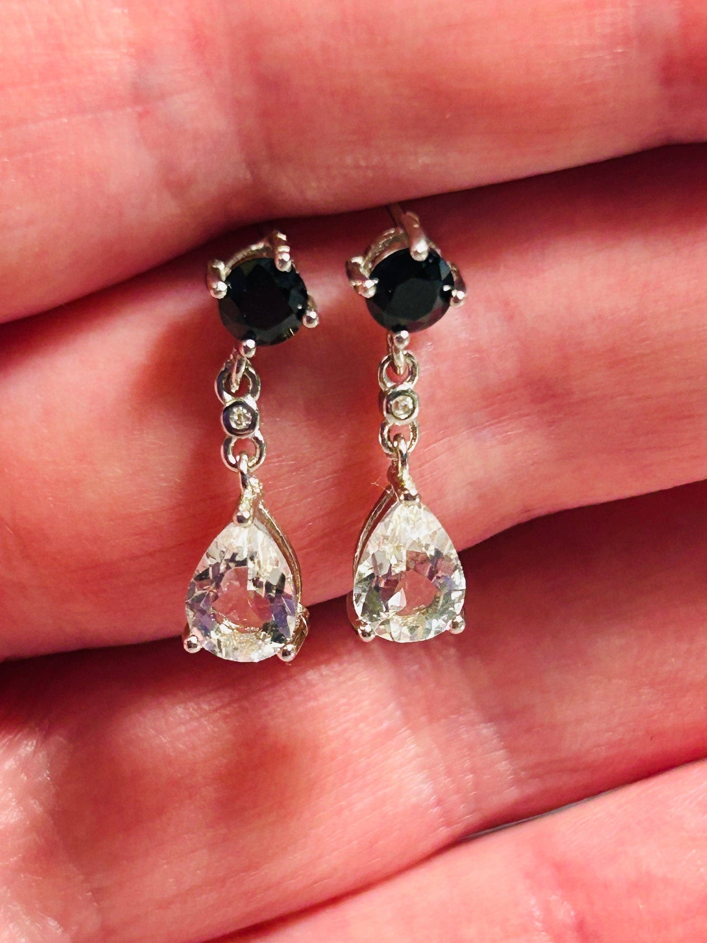 Clear Quartz & Black Spinel Dangle Earrings: 925 Sterling Silver Teardrop Jewellery Celtic Dragon Jewellery