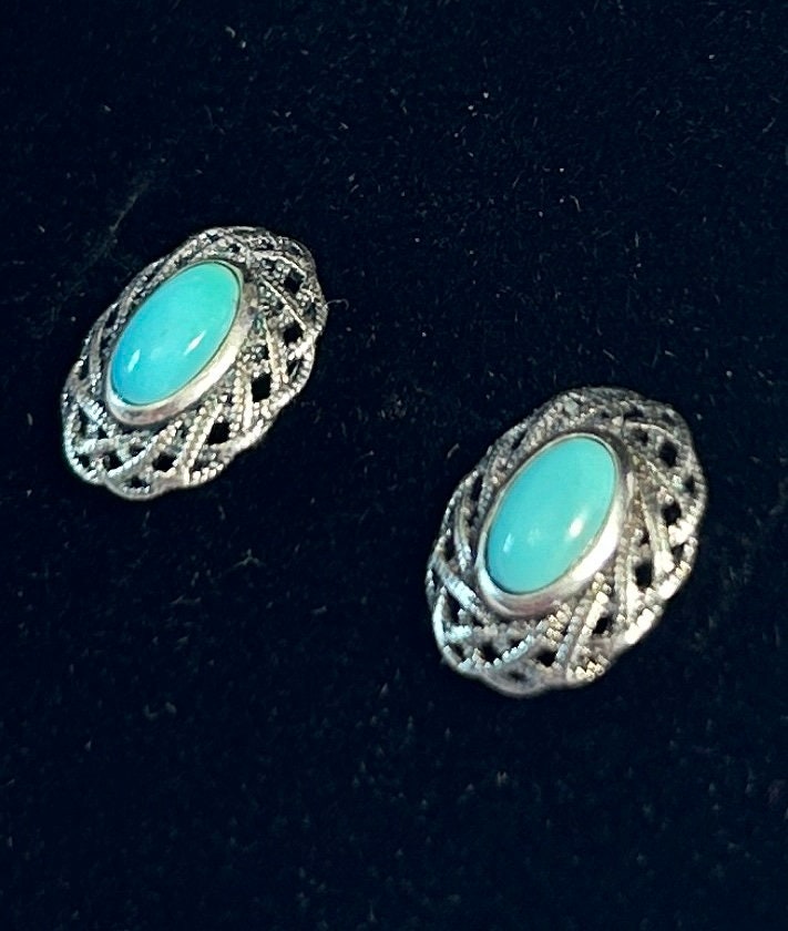 Turquoise Earrings with Celtic Design in 925 Sterling Silver - Oval Ear Studs Celtic Dragon Jewellery