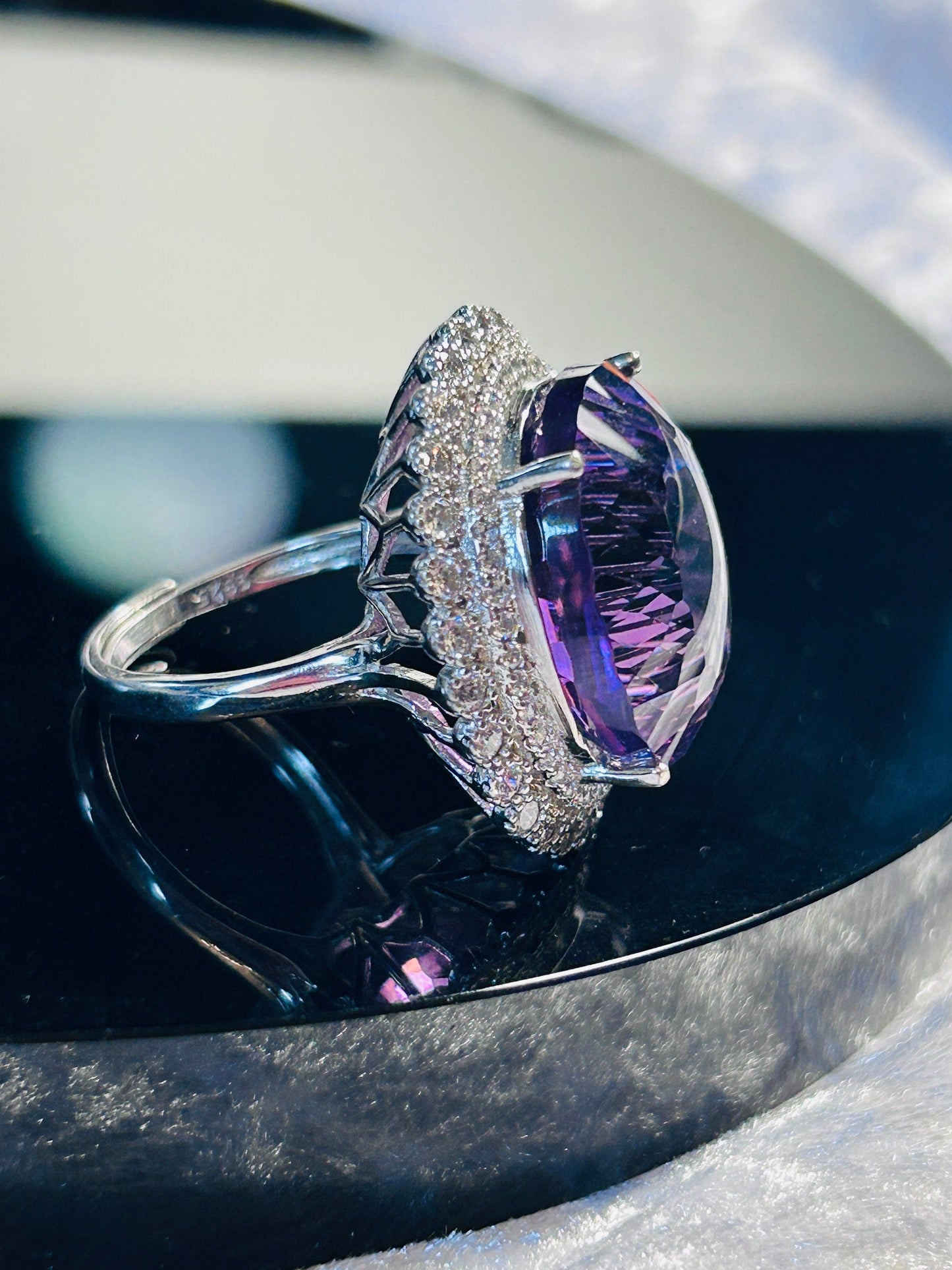Amethyst Halo Ring with Double CZ Surround - 925 Sterling Silver - Adjustable Gothic Statement Jewellery Celtic Dragon Jewellery