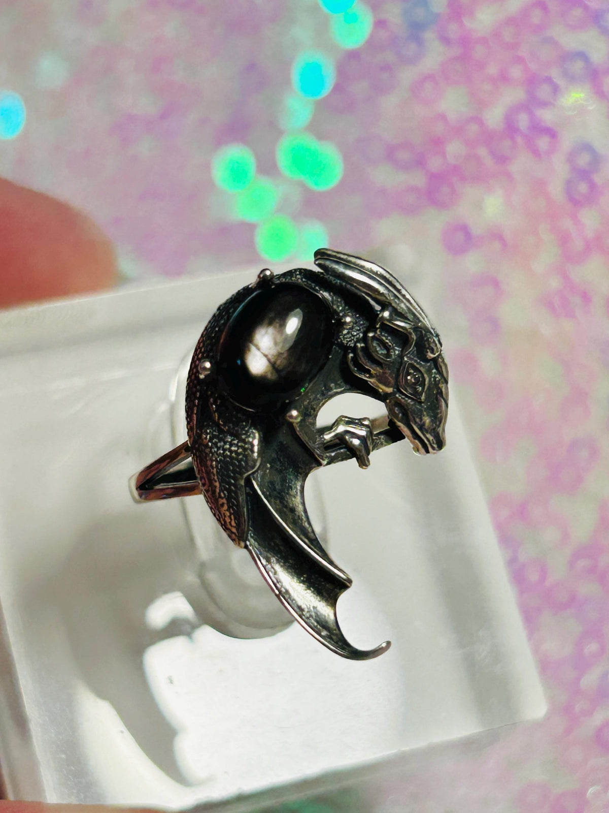 Dragon Ring with Hypersthene in 925 Sterling Silver - Adjustable Gothic Jewellery Celtic Dragon Jewellery
