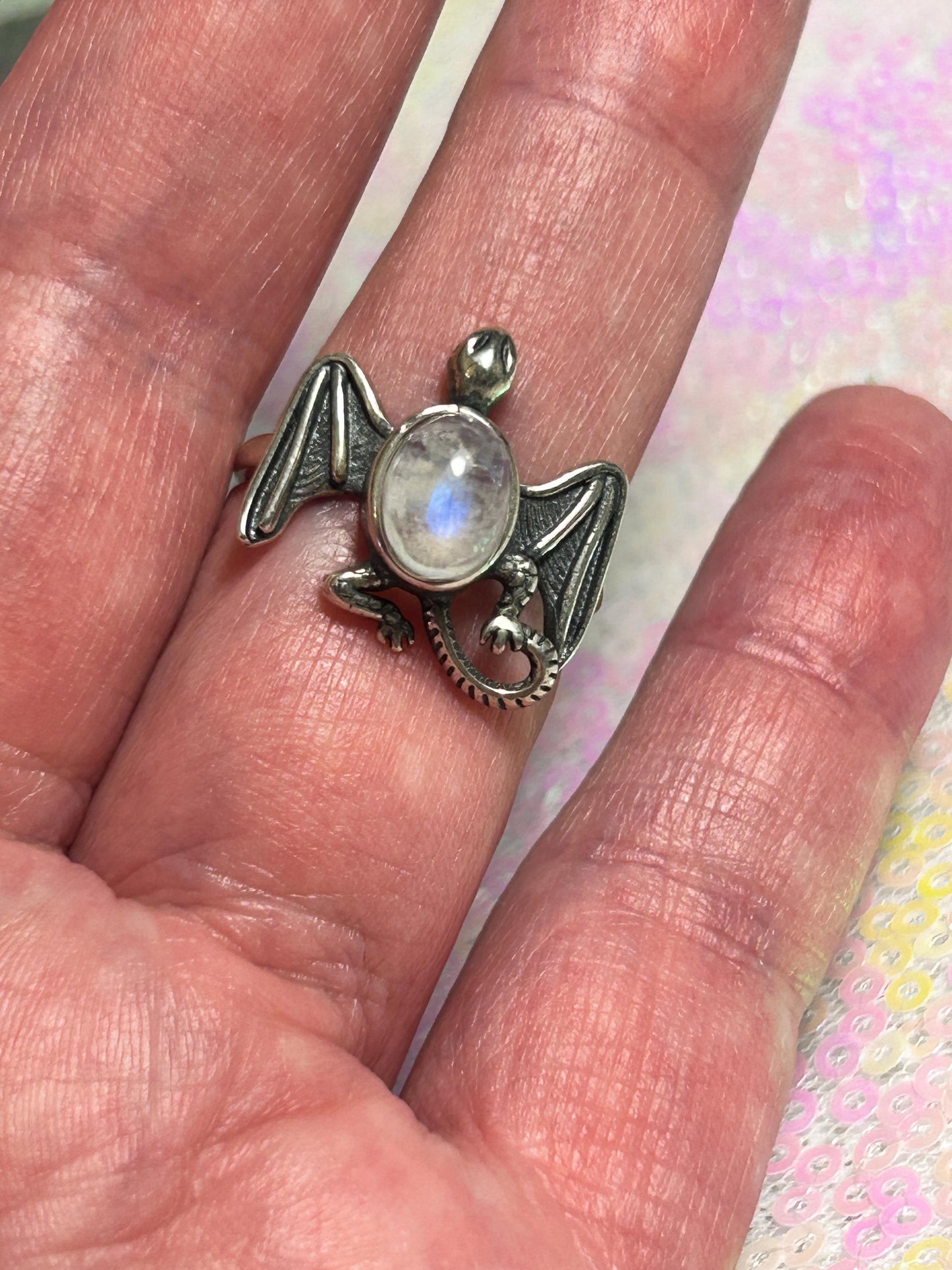 Celtic Dragon Ring with Moonstone in 925 Sterling Silver - Adjustable Gothic Jewellery Celtic Dragon Jewellery