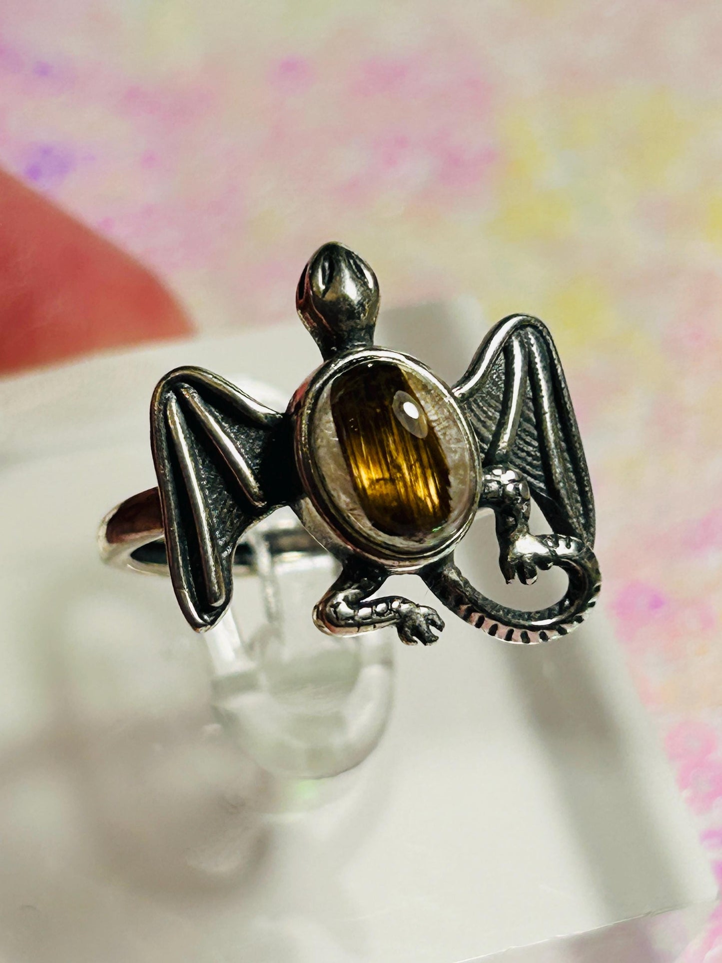 Dragon Ring with Golden Rutile in 925 Sterling Silver - Adjustable Gothic Jewellery Celtic Dragon Jewellery