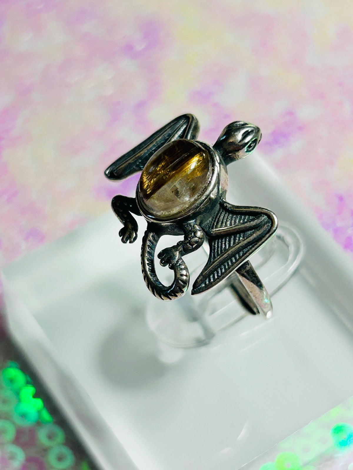 Dragon Ring with Golden Rutile in 925 Sterling Silver - Adjustable Gothic Jewellery Celtic Dragon Jewellery