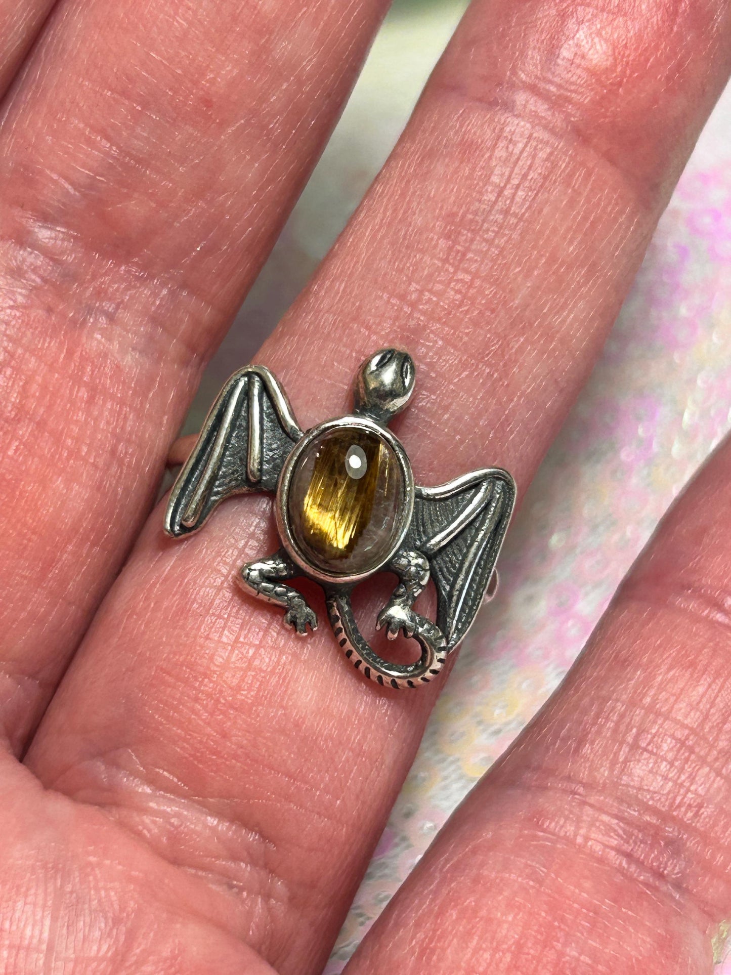 Dragon Ring with Golden Rutile in 925 Sterling Silver - Adjustable Gothic Jewellery