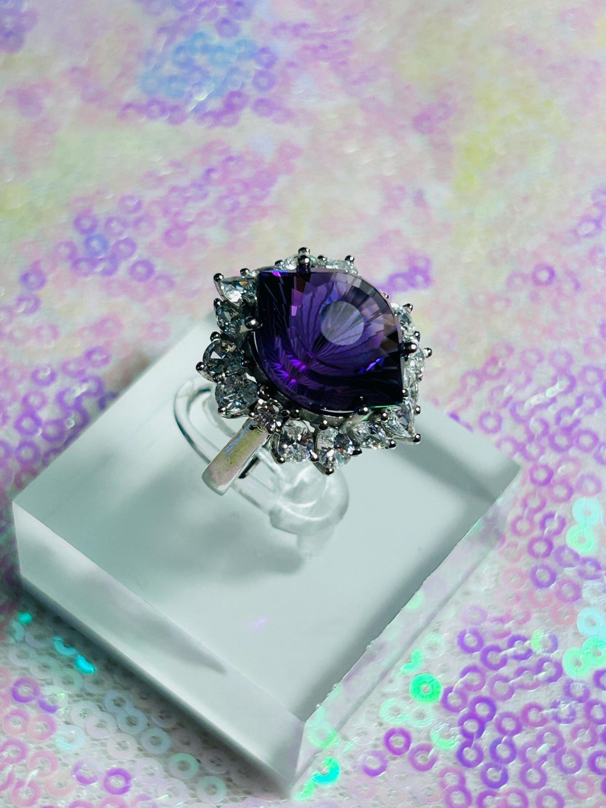 Amethyst Halo Ring - Elliptical Gemstone in 925 Sterling Silver with Adjustable Band