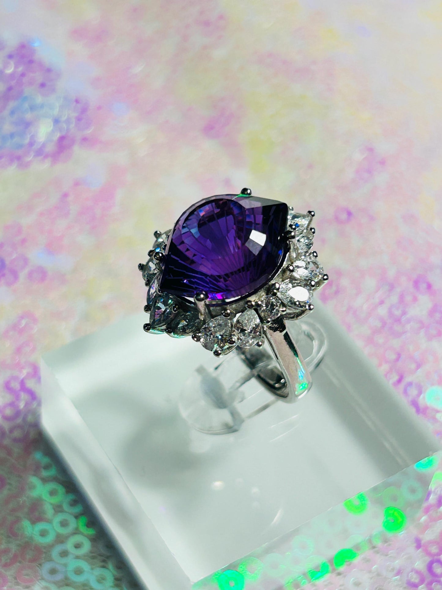 Amethyst Halo Ring - Elliptical Gemstone in 925 Sterling Silver with Adjustable Band