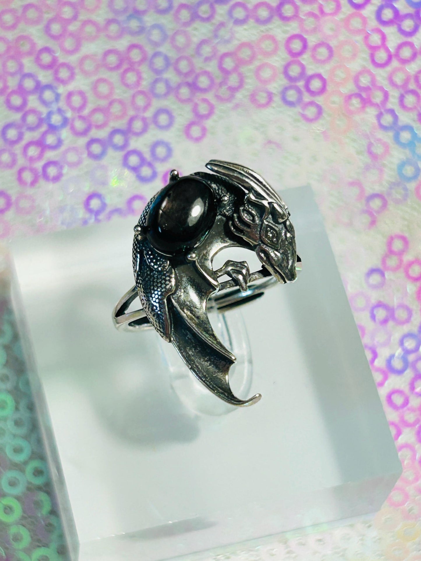 Dragon Ring with Hypersthene in 925 Sterling Silver - Adjustable Gothic Jewellery Celtic Dragon Jewellery