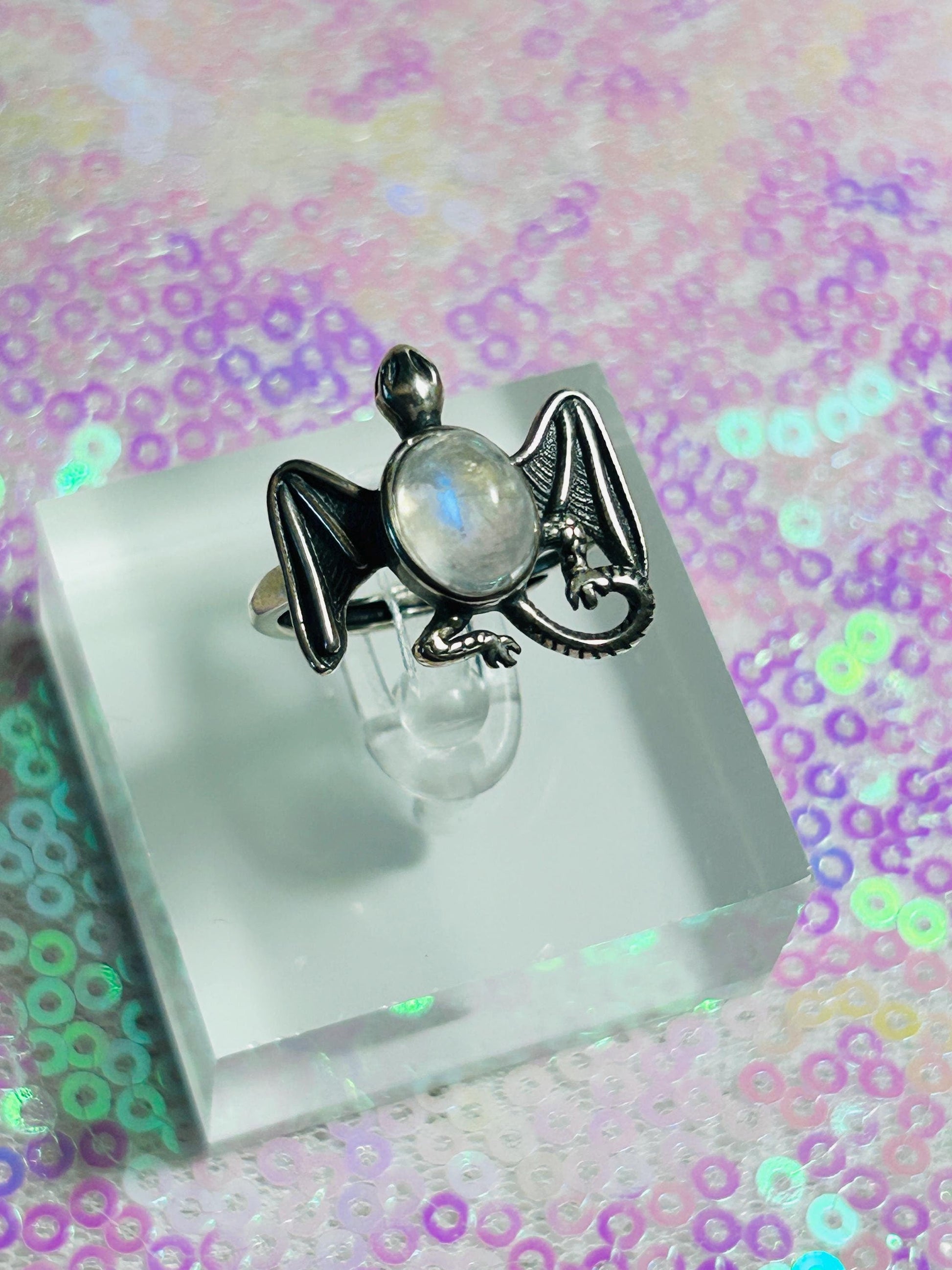 Celtic Dragon Ring with Moonstone in 925 Sterling Silver - Adjustable Gothic Jewellery Celtic Dragon Jewellery