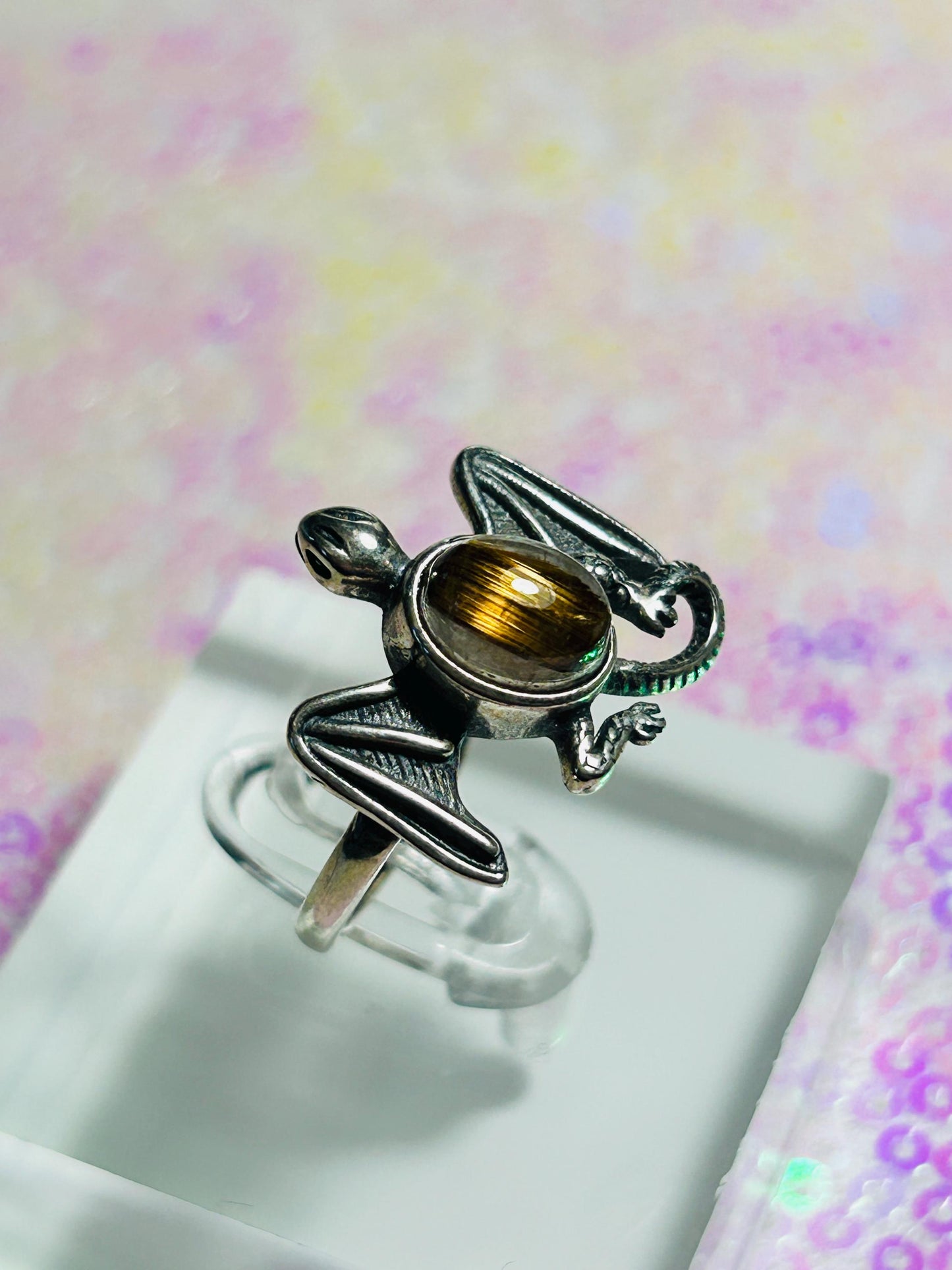 Dragon Ring with Golden Rutile in 925 Sterling Silver - Adjustable Gothic Jewellery