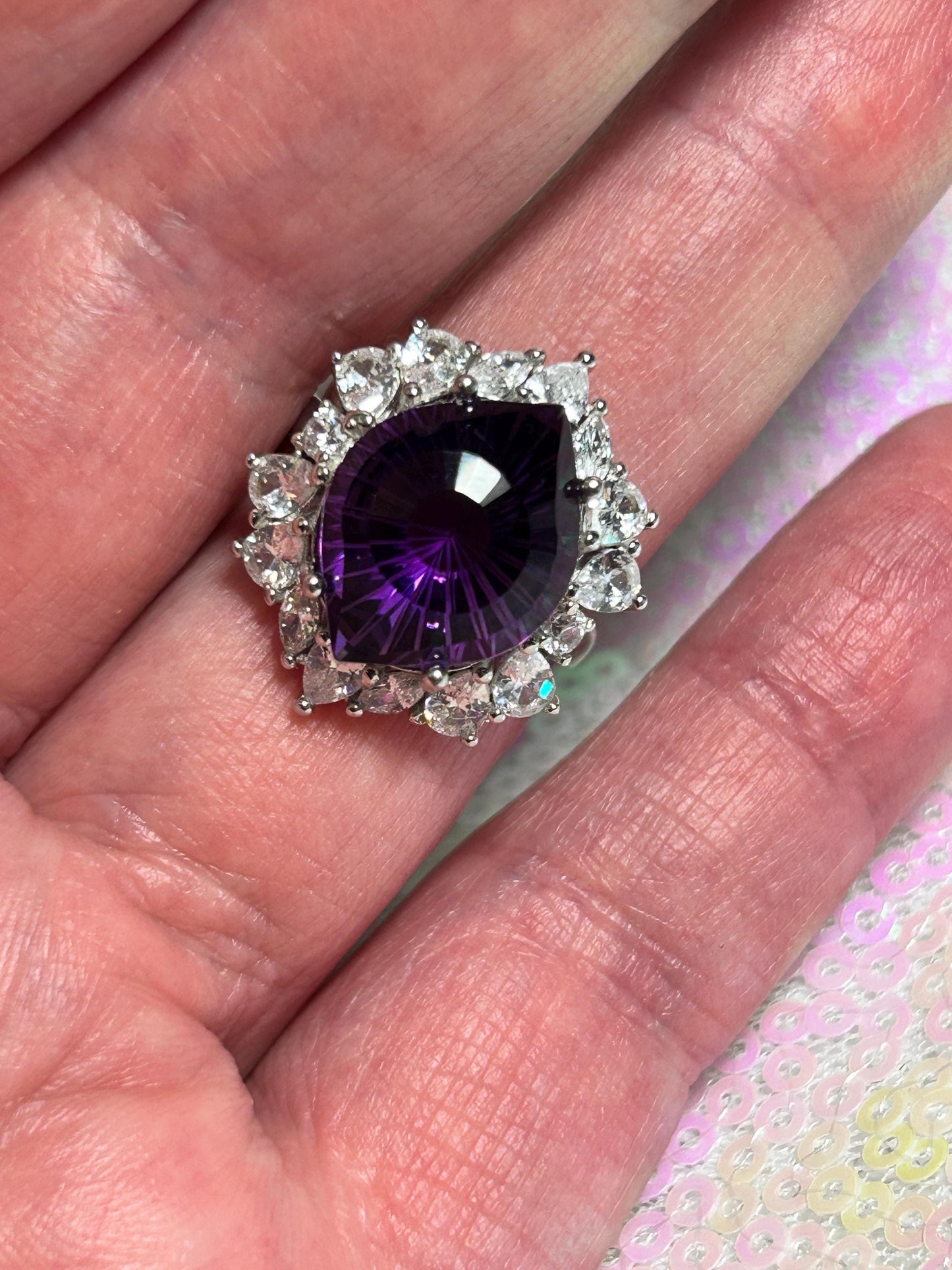 Amethyst Halo Ring - Elliptical Gemstone in 925 Sterling Silver with Adjustable Band