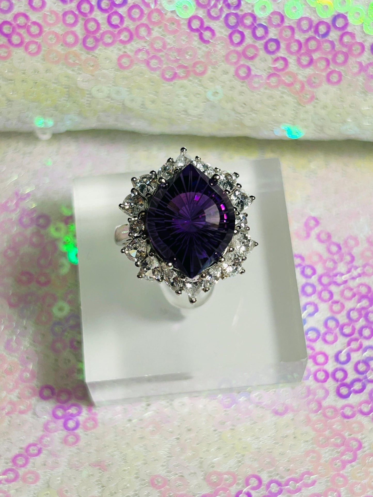 Amethyst Halo Ring - Elliptical Gemstone in 925 Sterling Silver with Adjustable Band
